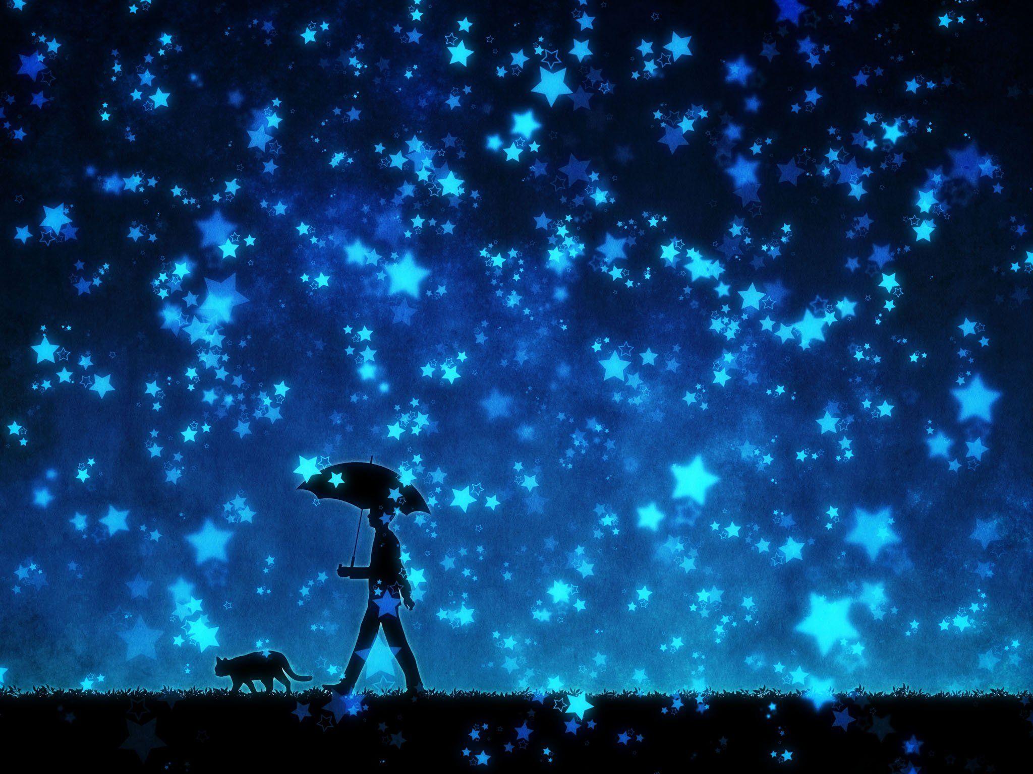2048x1536 original, Stars, Umbrella, Cat, Male, Anime, Blue, Night Wallpaper HD / Desktop and Mobile Background