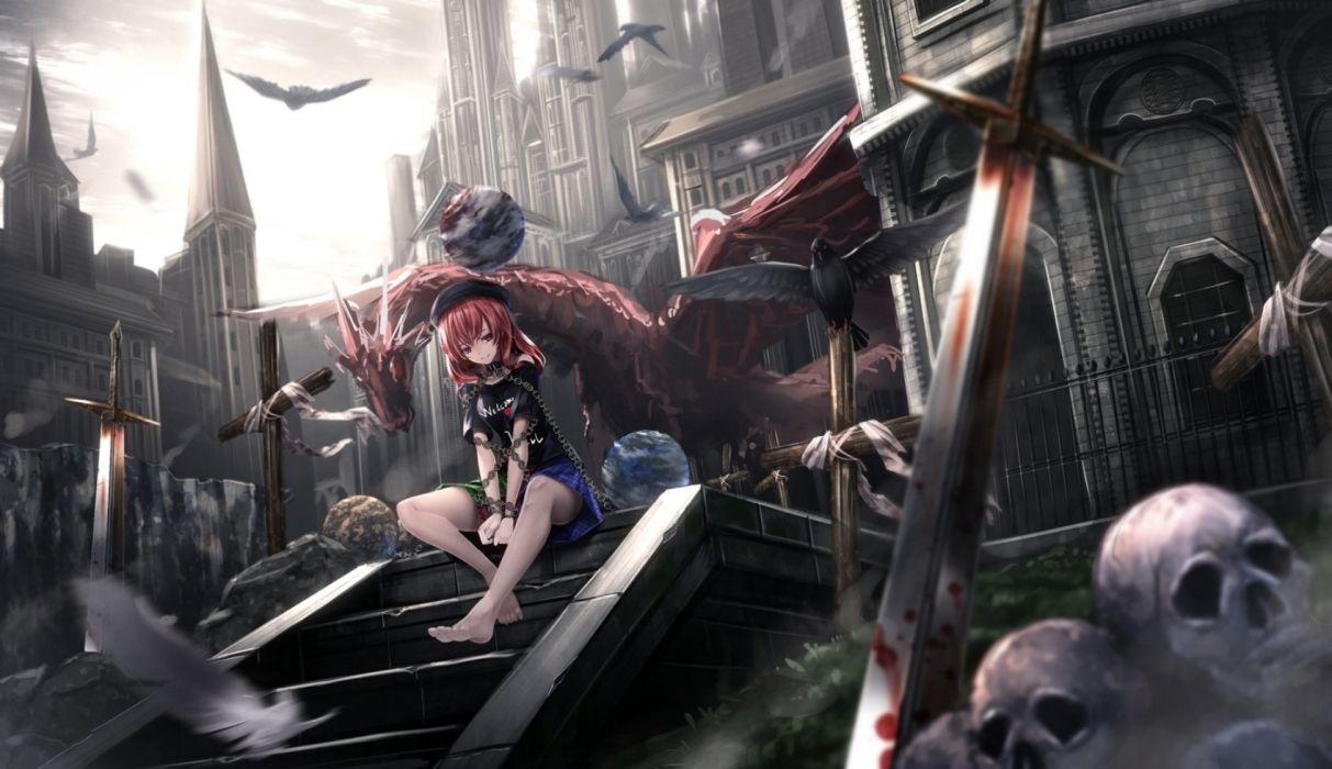 1213x700 anime girl beautiful cute original Anime skull blood sword Dark City wallpaperx979
