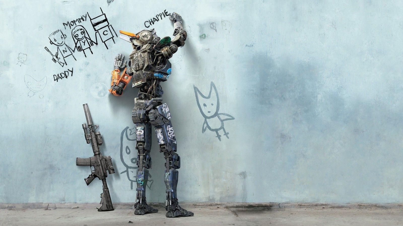 1600x900 drawing, digital art, robot, wall, movies, movie poster, writing, machine gun, M4A Chappie, Elcan Spectre, ART, sketch. Mocah.org HD Wallpaper