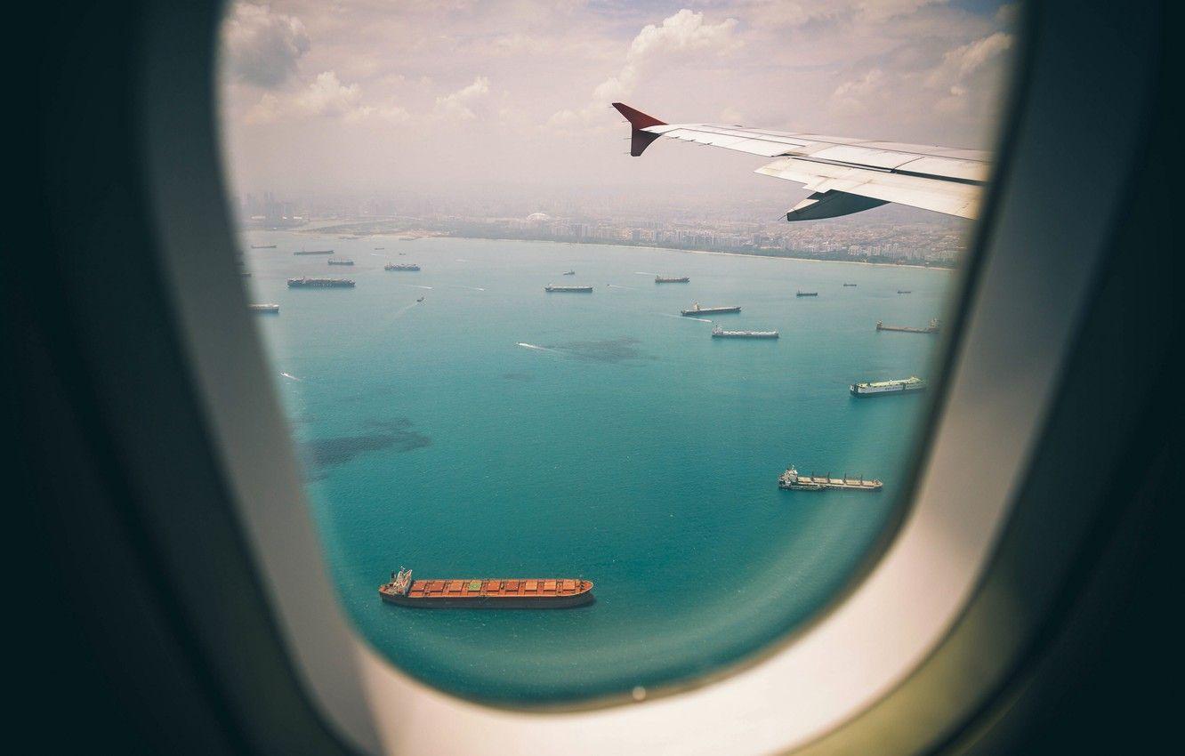 1332x850 Wallpaper Sea, The City, The Plane, View, Flight, Court, The Window, Singapore, The Ship, Singapore, RAID, Container Ships, Wing, Republic Of Singapore, Ro Ro, The Singapore Strait Image For Desktop, Section авиация