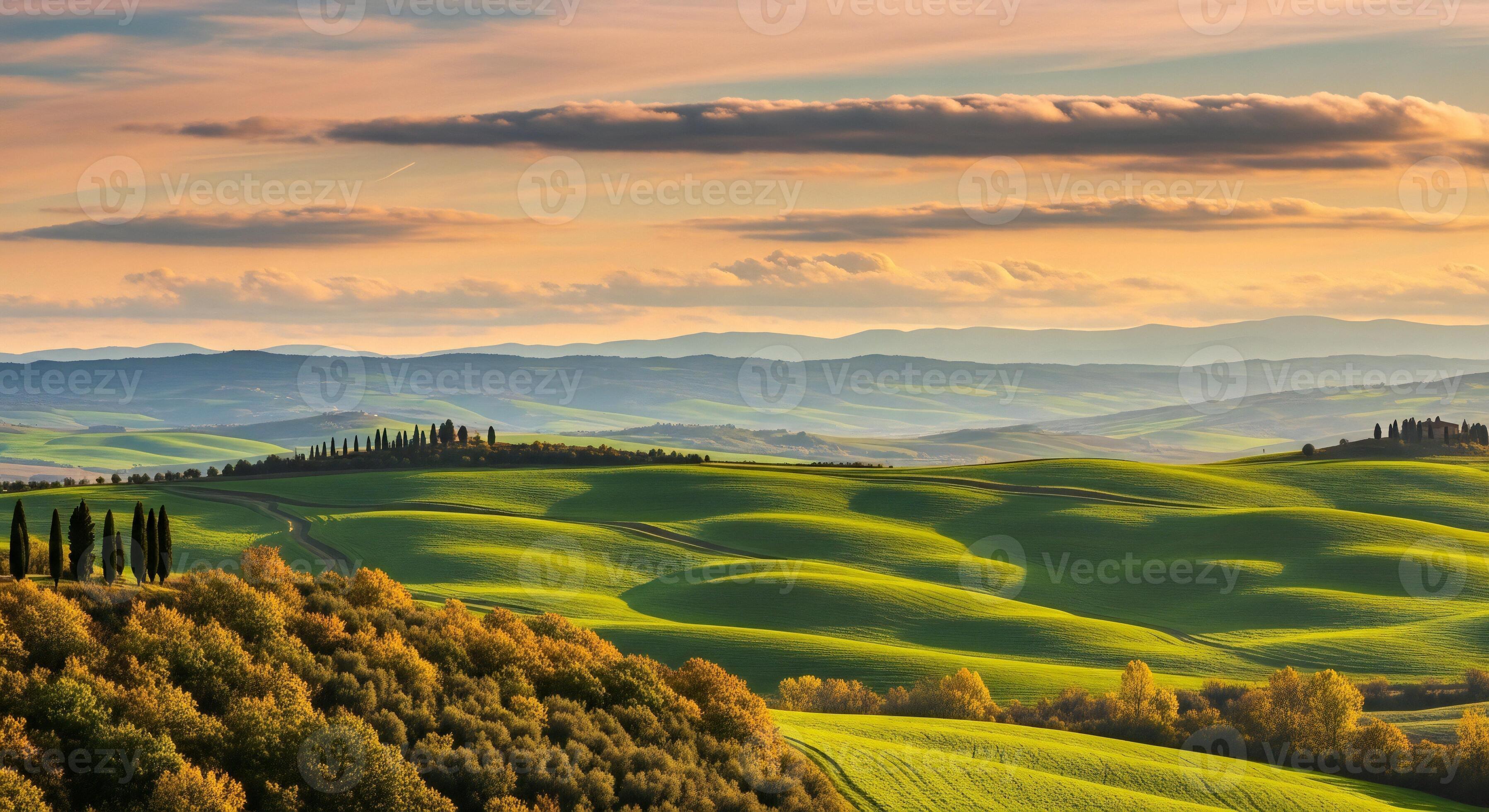 3593x1960 Nature background, Nature wallpaper, Rolling green hills with cypress trees and autumn foliage under a pastel sky