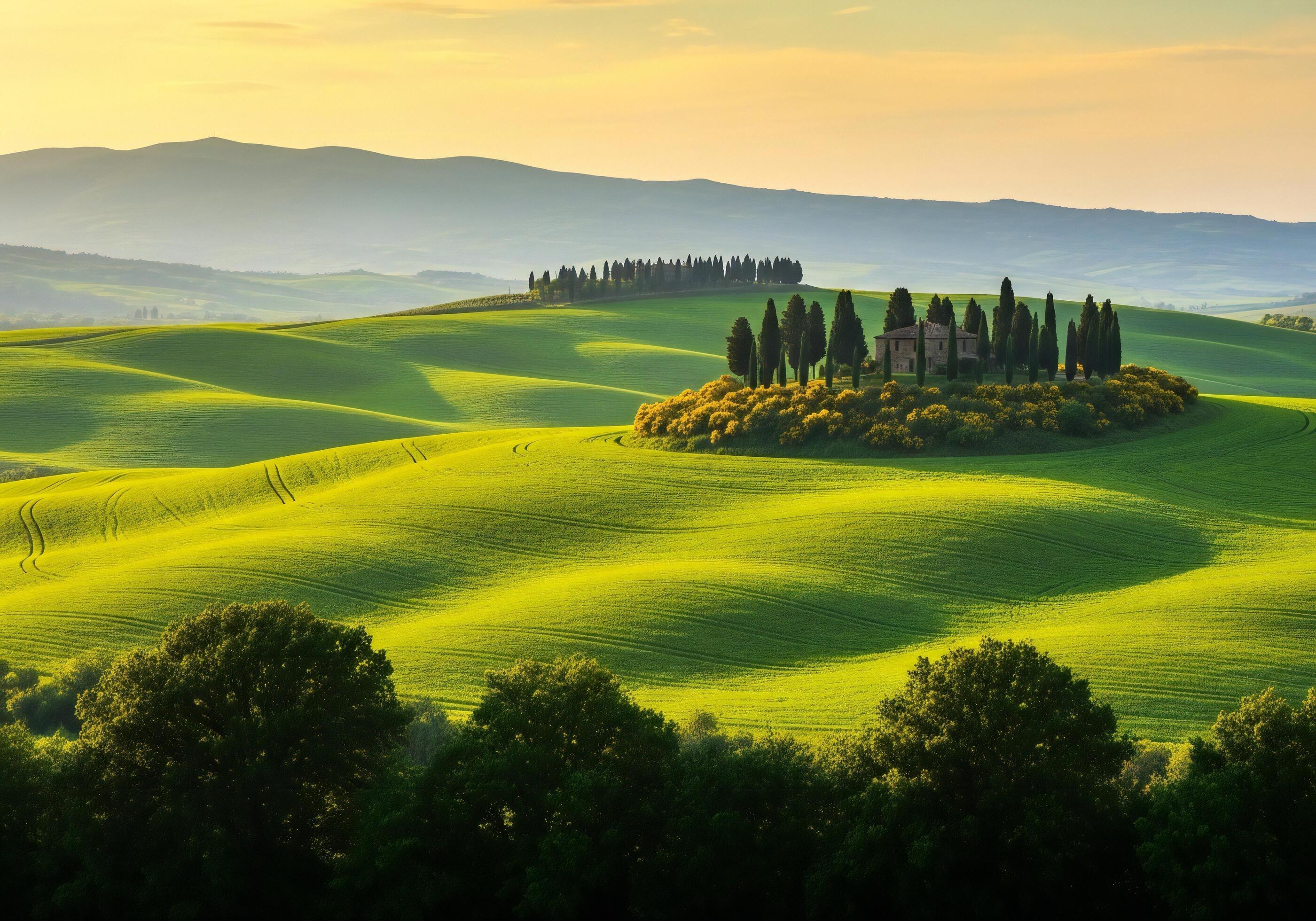 2800x1960 Nature background, Nature wallpaper, Rolling green hills with a stone farmhouse and cypress trees under a golden sunset sky