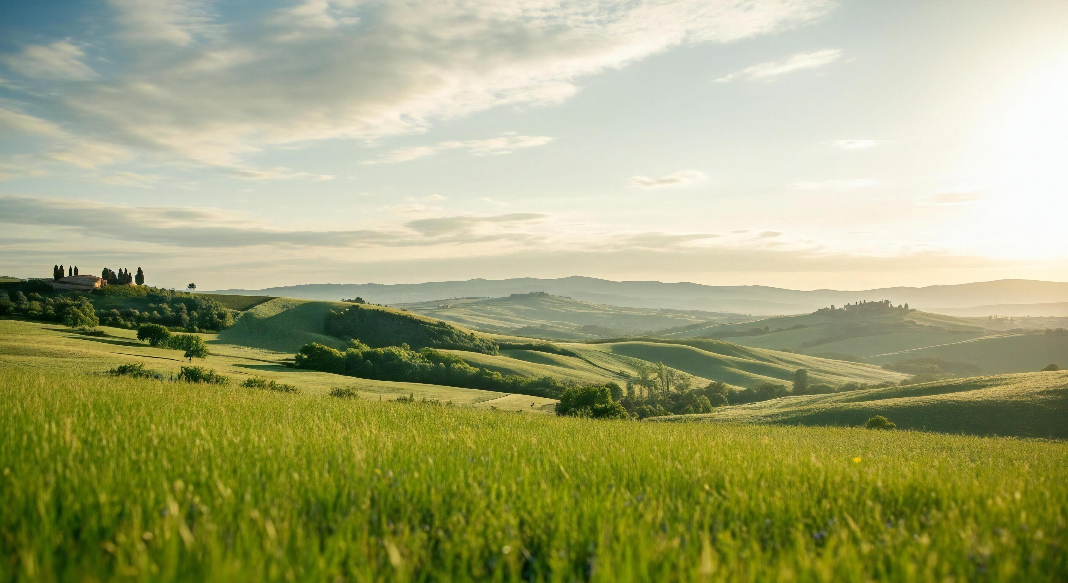 3593x1960 Nature background, Nature wallpaper, Rolling green hills and cypress trees under a soft sunlit sky with a distant farmhouse