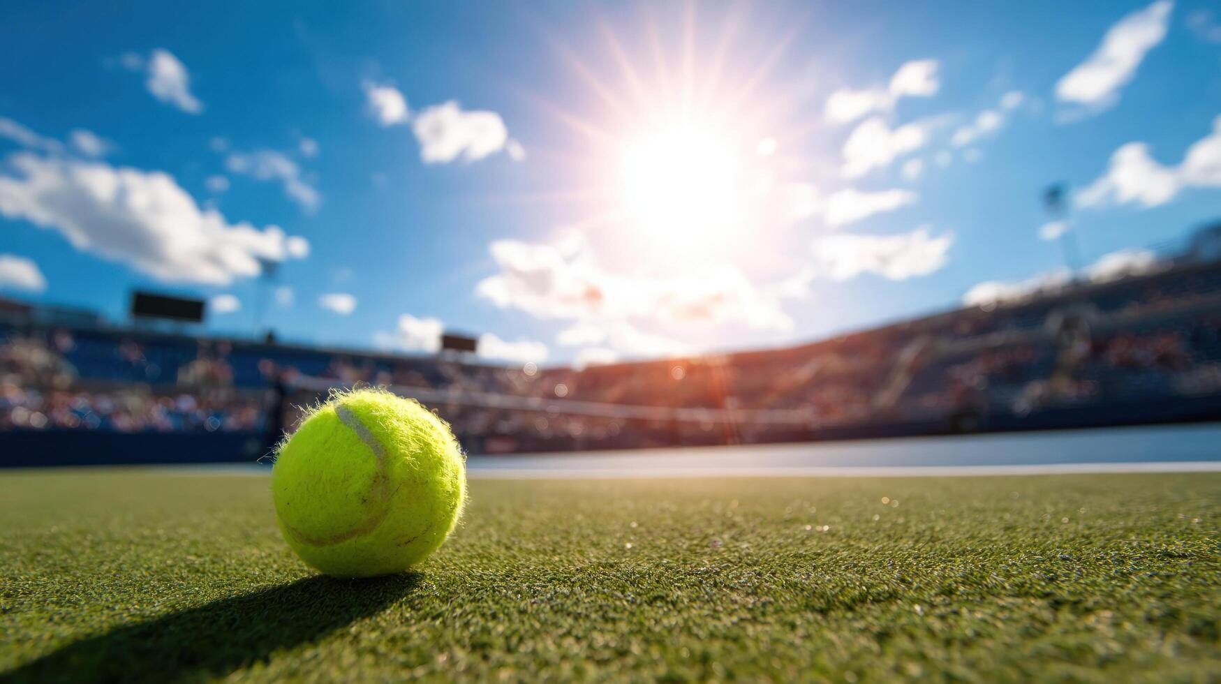 1749x980 Tennis ball on green court with stadium background under bright sun outdoor sport game competition sunny day athletic activity summer season