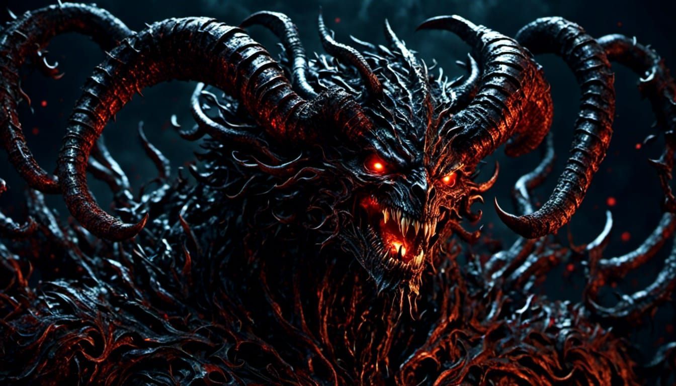 1344x768 Demonic Entity with Horns in Horrorcore Style