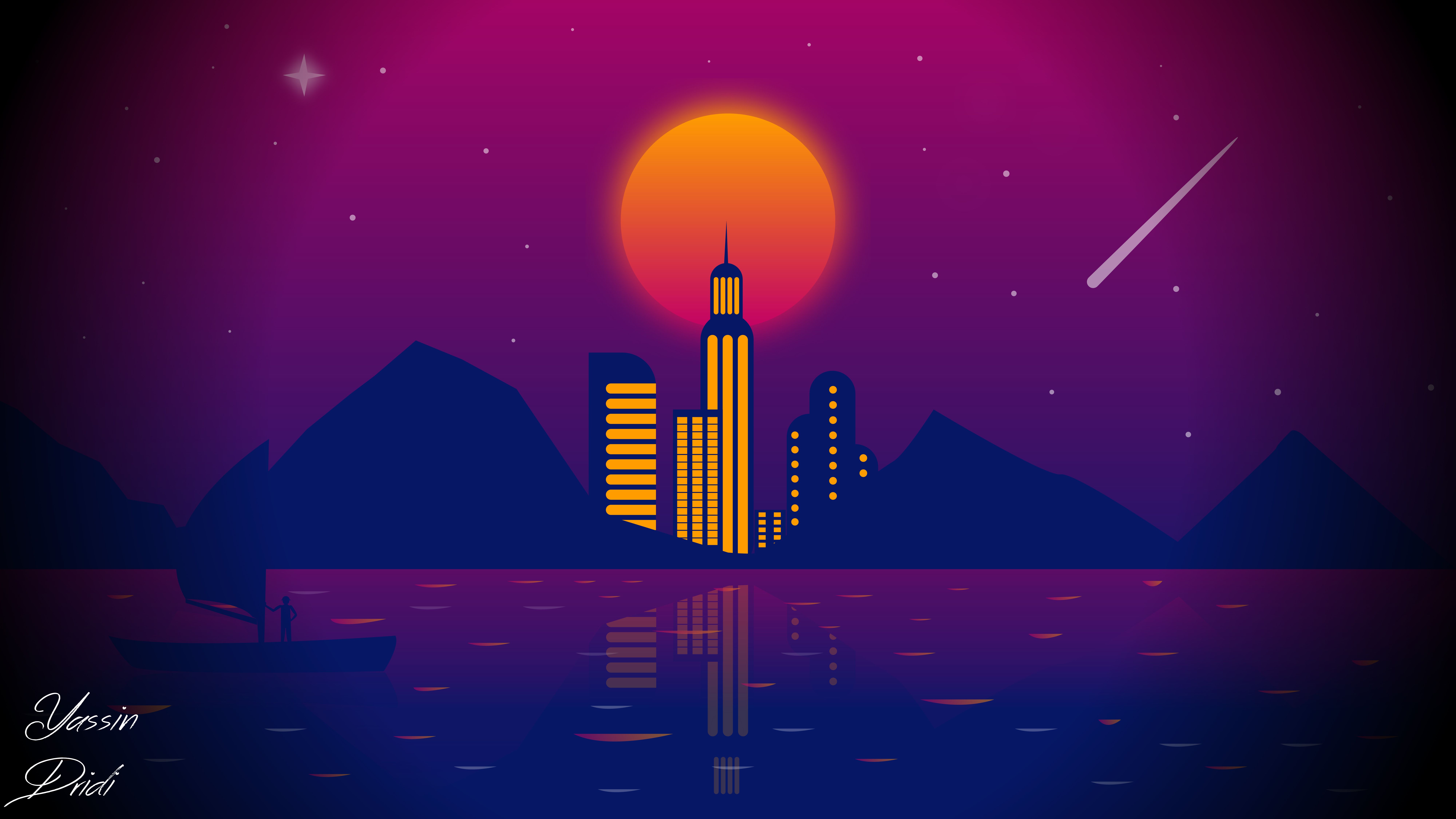 8000x4500 Download wallpaper 8000x4500 city, vector, art, night, moon HD background