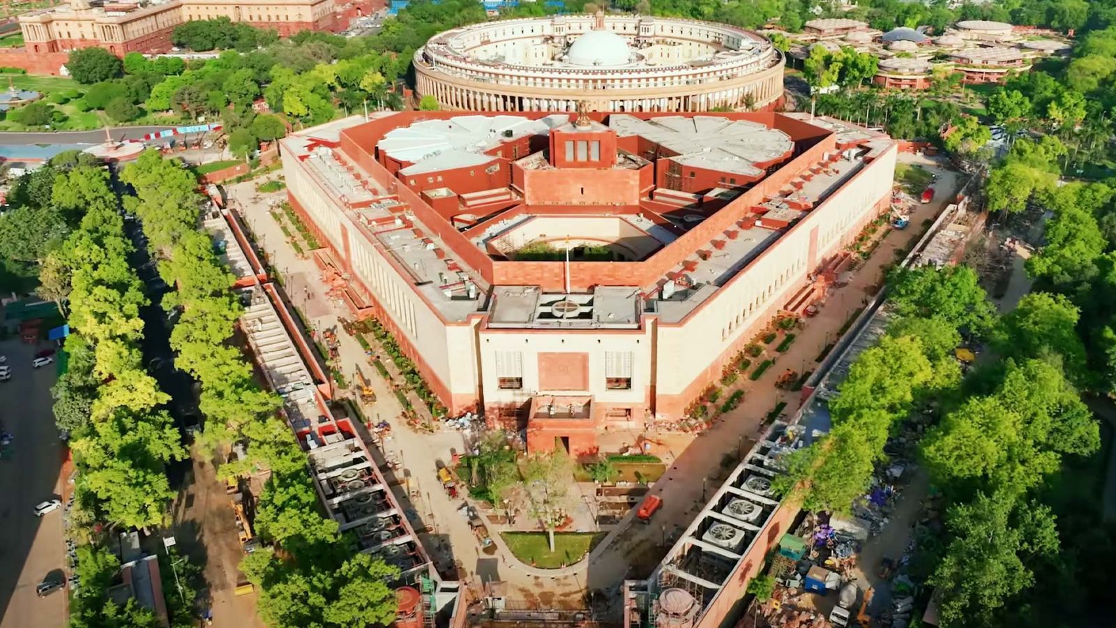 1600x900 inside photo of India's new Parliament building which is built at a cost of Rs 971 Crore