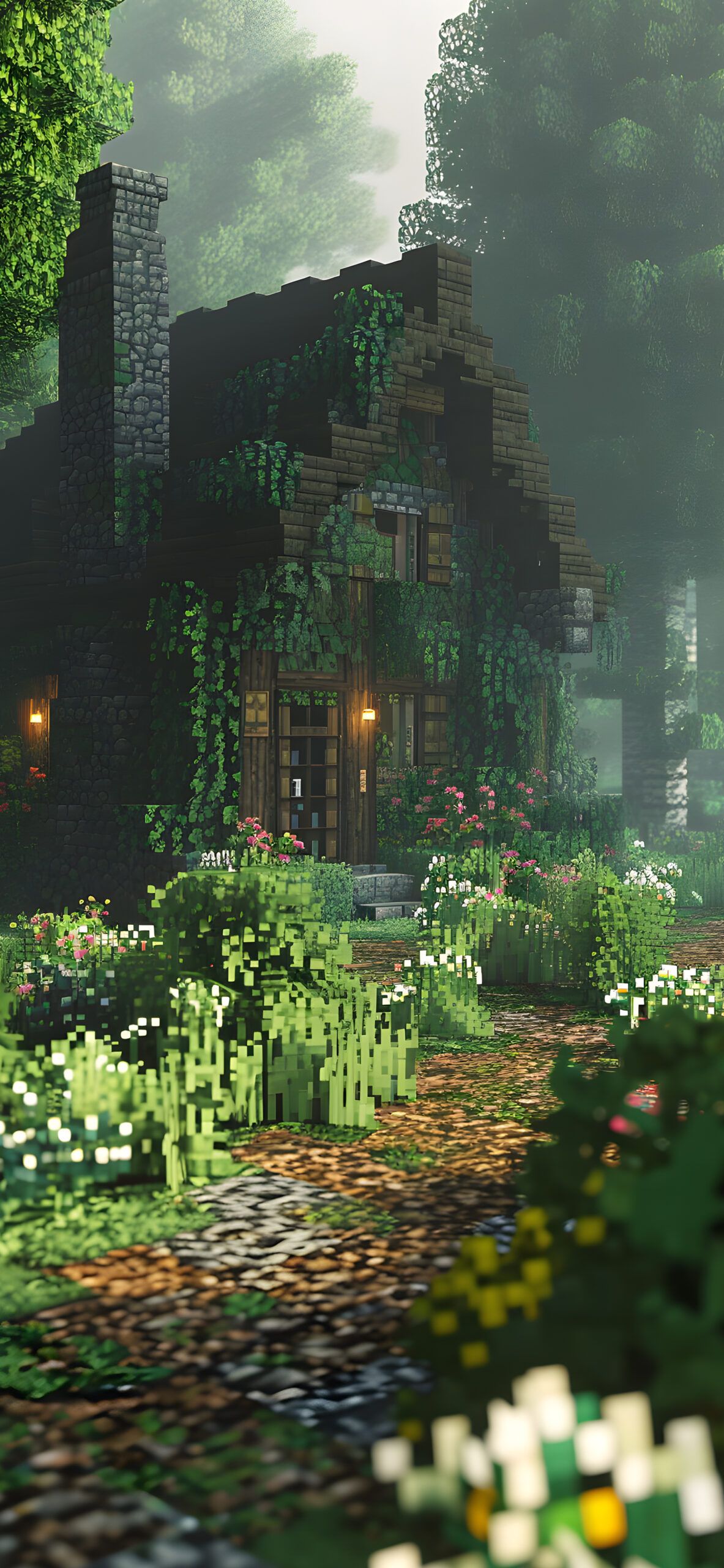 1183x2560 Pixel Art Minecraft Forest House Wallpaper Wallpaper HD