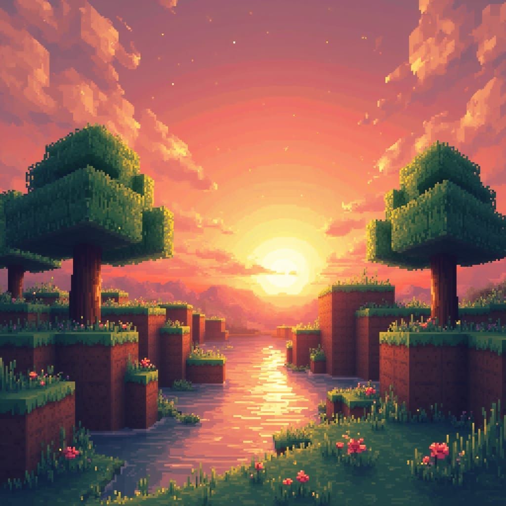 1024x1024 Pixel Art Landscape of a Minecraft Sunset