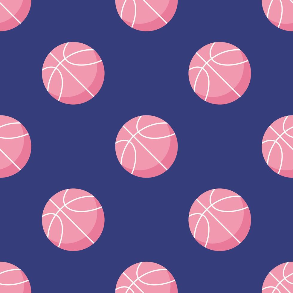 980x980 Seamless pattern of pink basketball ball on blue. Game, team sports. Popular sport basket balls leather. Fitness, healthy, workout background. Hand drawn cartoon flat illustration