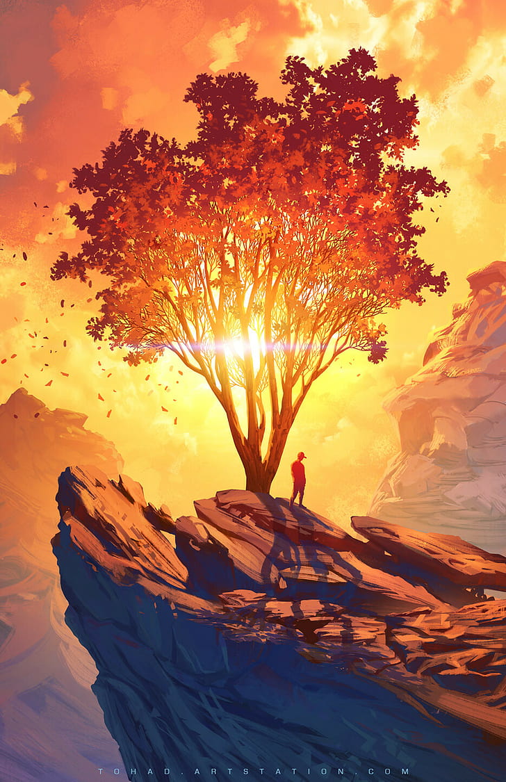 728x1125 HD wallpaper: artwork, fantasy art, sunset, Sylvain Sarrailh, digital, rocks