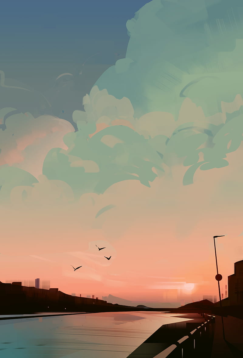 800x1180 Clouds, sunlight, river, water, digital art, digital painting, birds, sunset, HD phone wallpaper