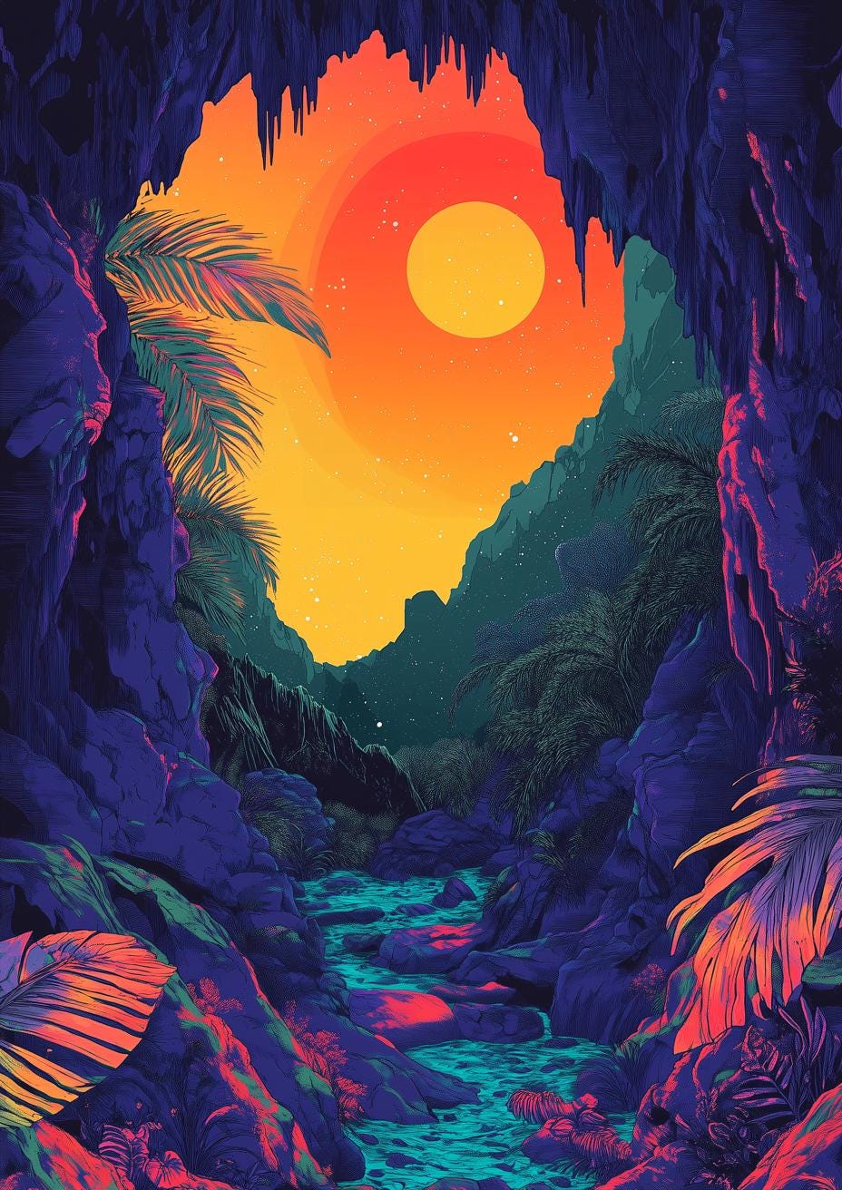 928x1312 Vibrant Cave Sunset Art Print Inspired by Surrealism. Custom Canvas and Digital Download. Tropical Home Decor