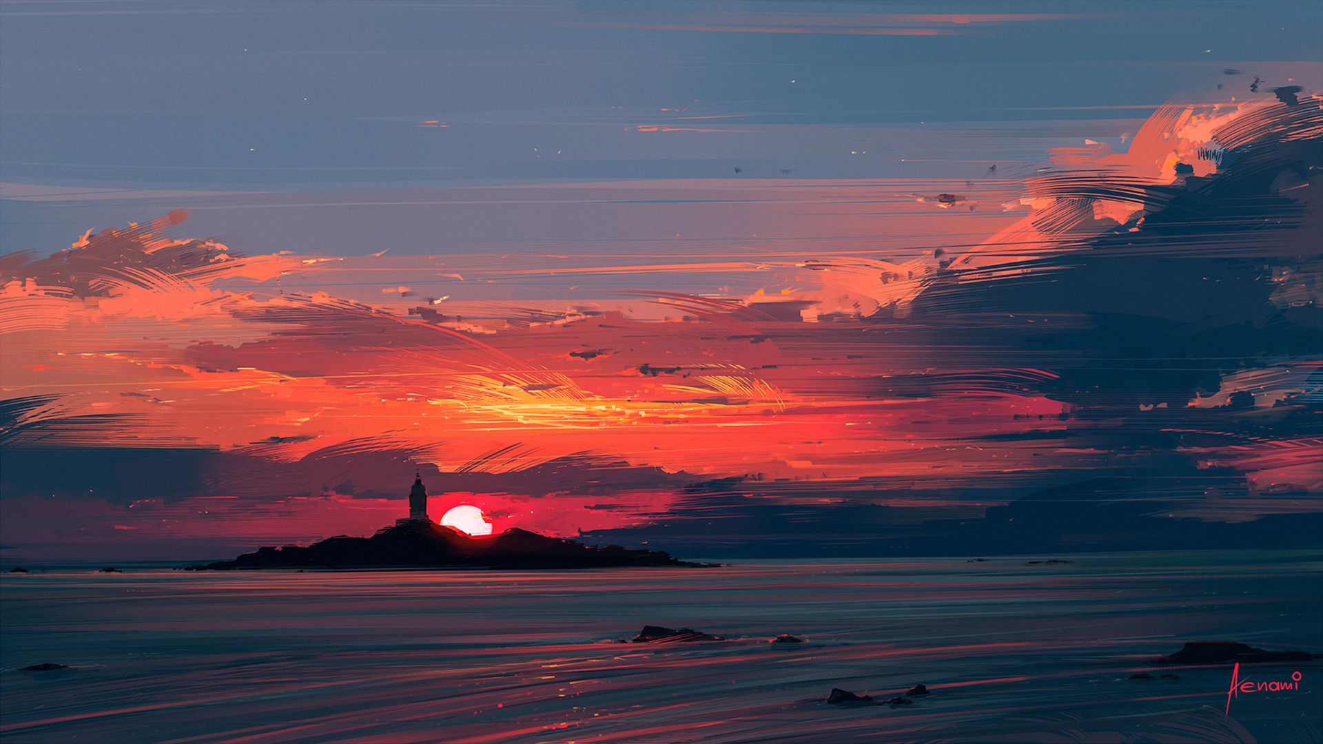 1920x1080 sunset, Water, Illustration, Aenami, Artwork, Digital art Wallpaper HD / Desktop and Mobile Background