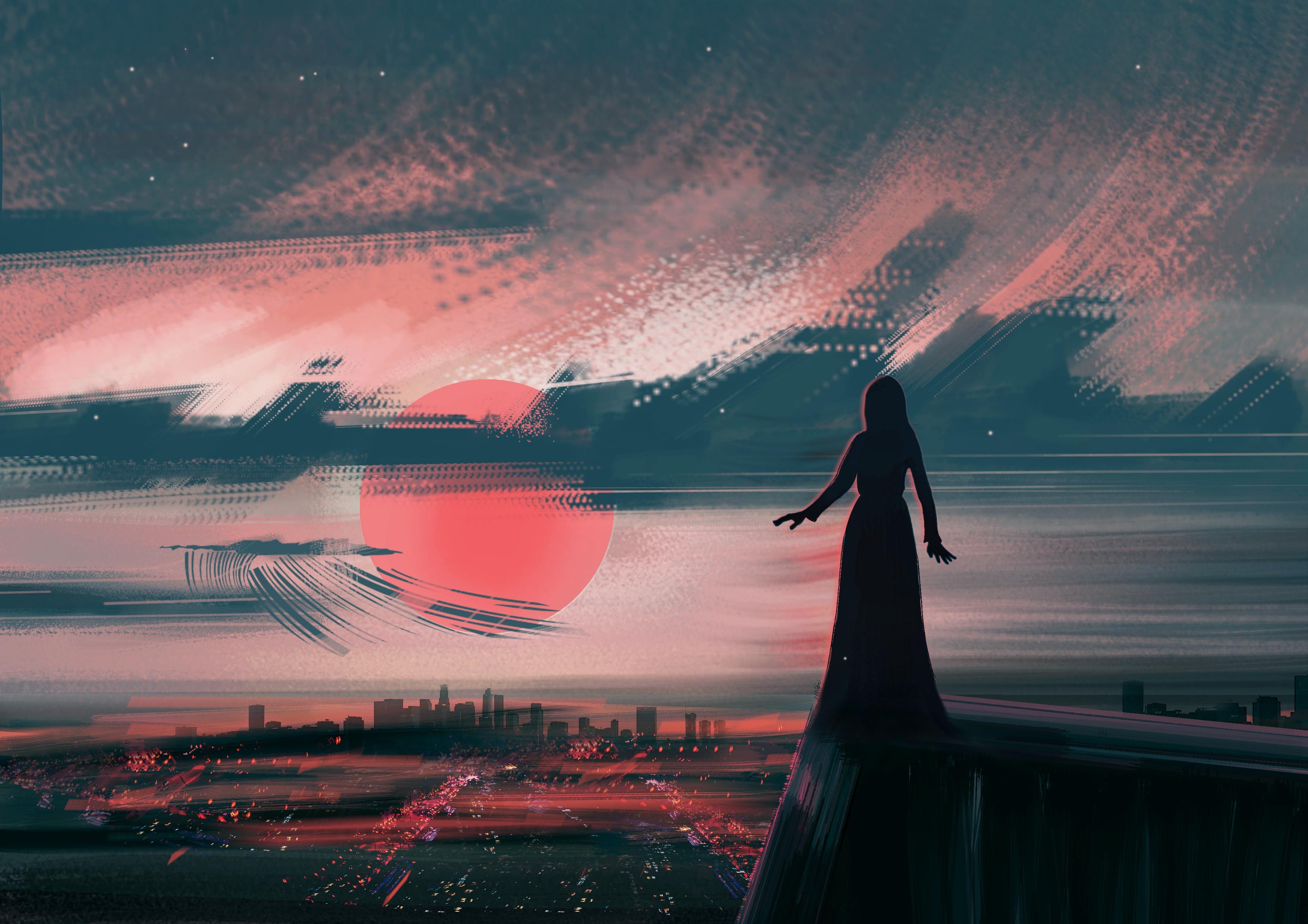 3508x2480 Wallpaper girl, Photohop, sunset, background, dusk, painting, digital art, Illustration for mobile and desktop, section живопись, resolution 3508x2480