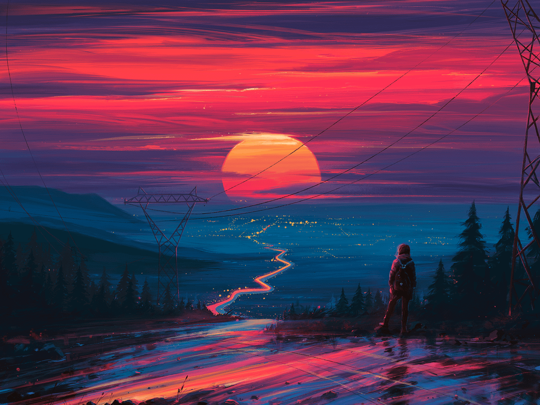 1080x810 Sunset over the city, Digital illustration, 1440x1080
