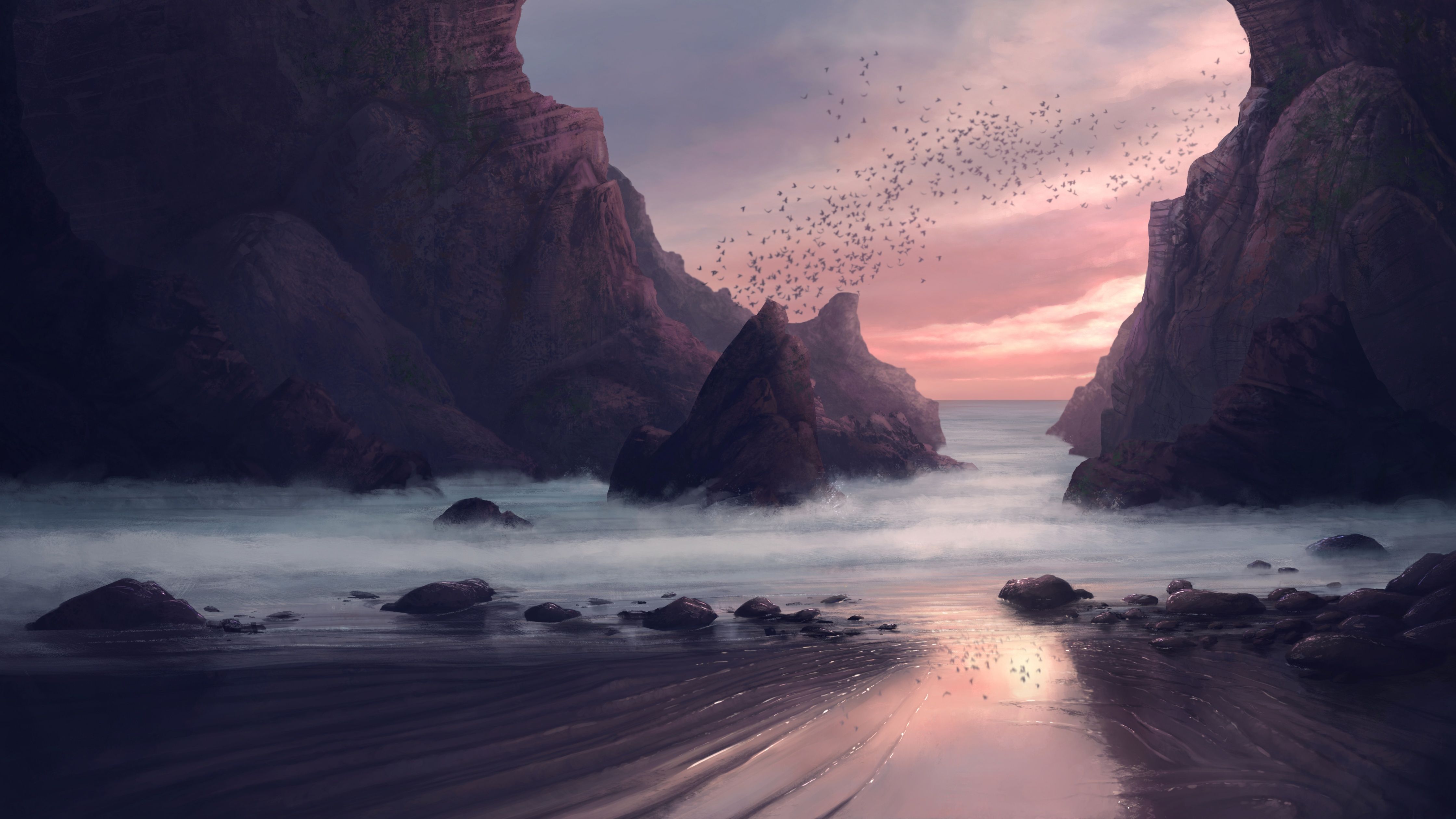 4480x2520 Beach Wallpaper 4K, Digital Art, Rocks, Sunset, Birds