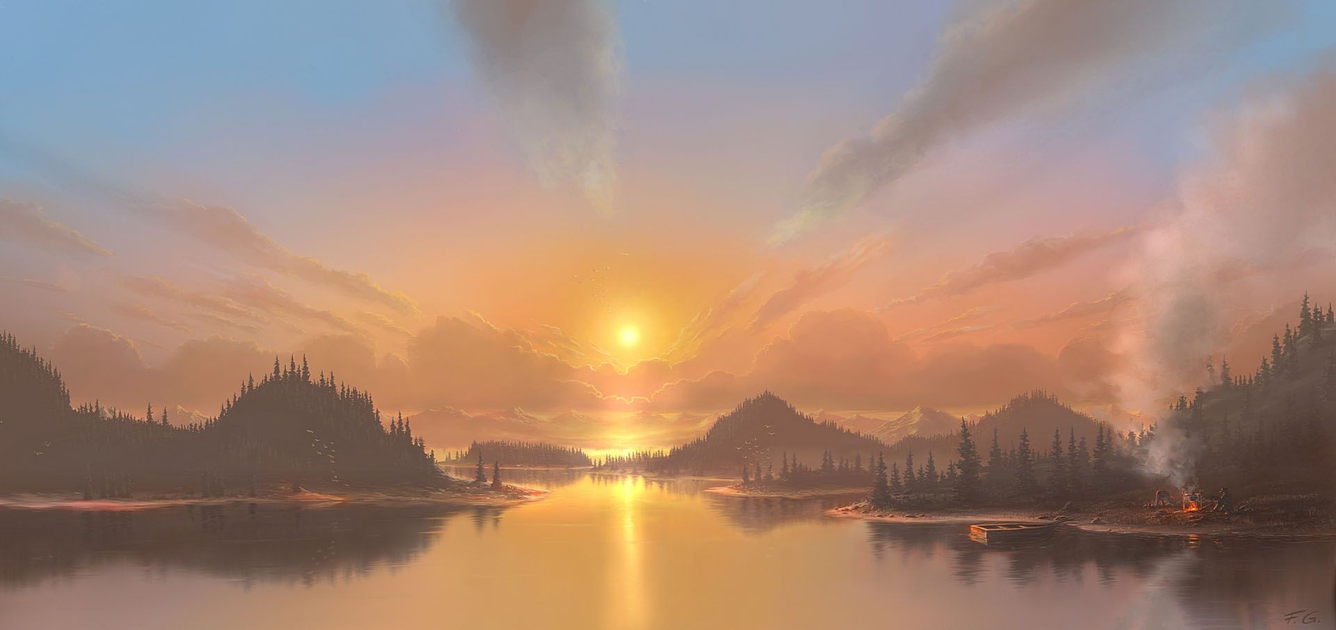 1920x905 sunset digital art