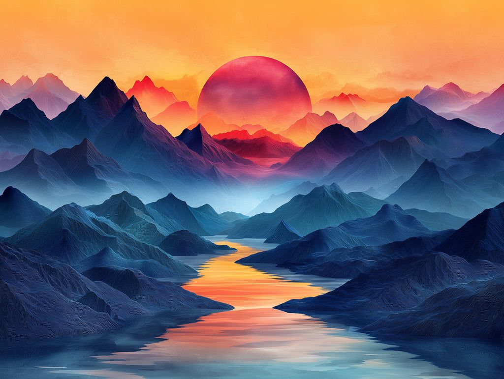 1024x771 Mountain Sunset Mural Wallpaper in Living Room. Various Colors (Orange, Red, Blue, etc.) of Sunset
