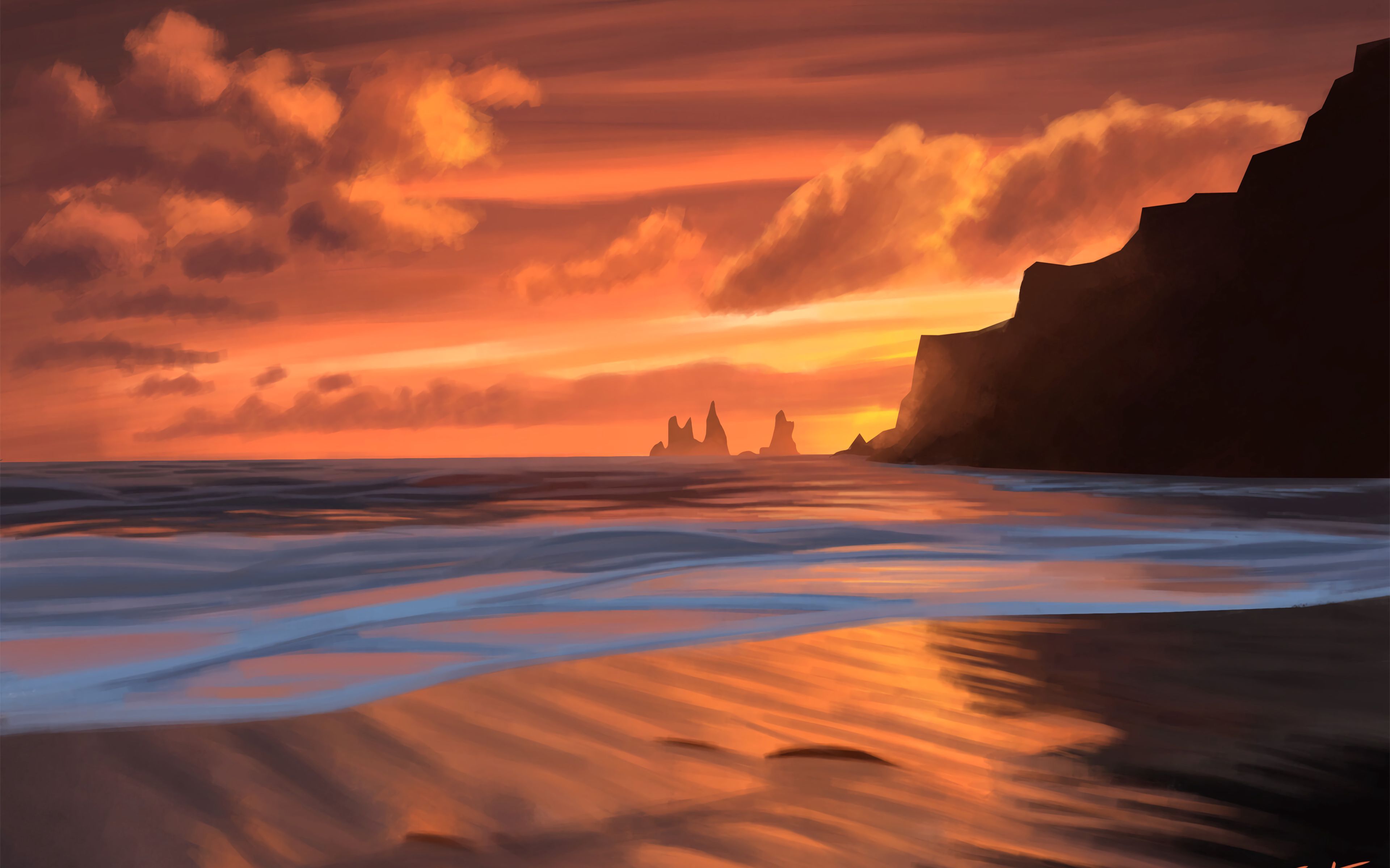 3840x2400 Sea at sunset Digital Art Wallpaper 4K for Desktop