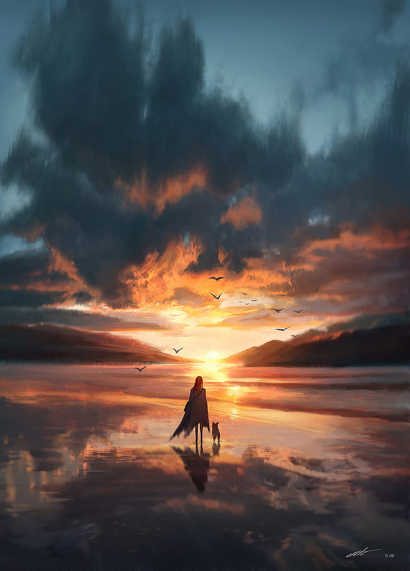 800x1115 Digital art, artwork, portrait display, sunset, clouds, sky, landscape, dog, HD phone wallpaper