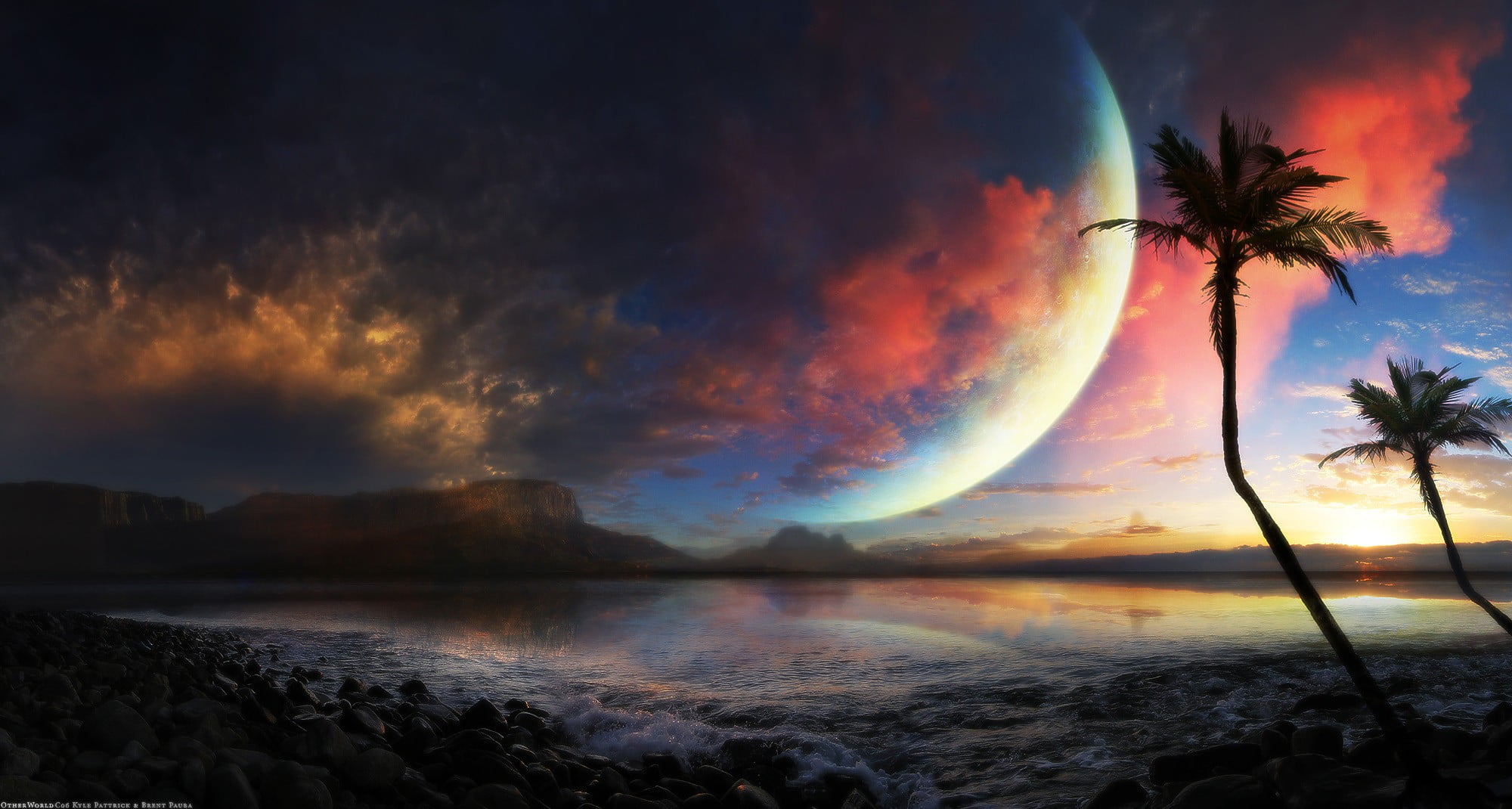 2000x1070 Crescent moon, digital art, sunset, planet, sea HD wallpaper