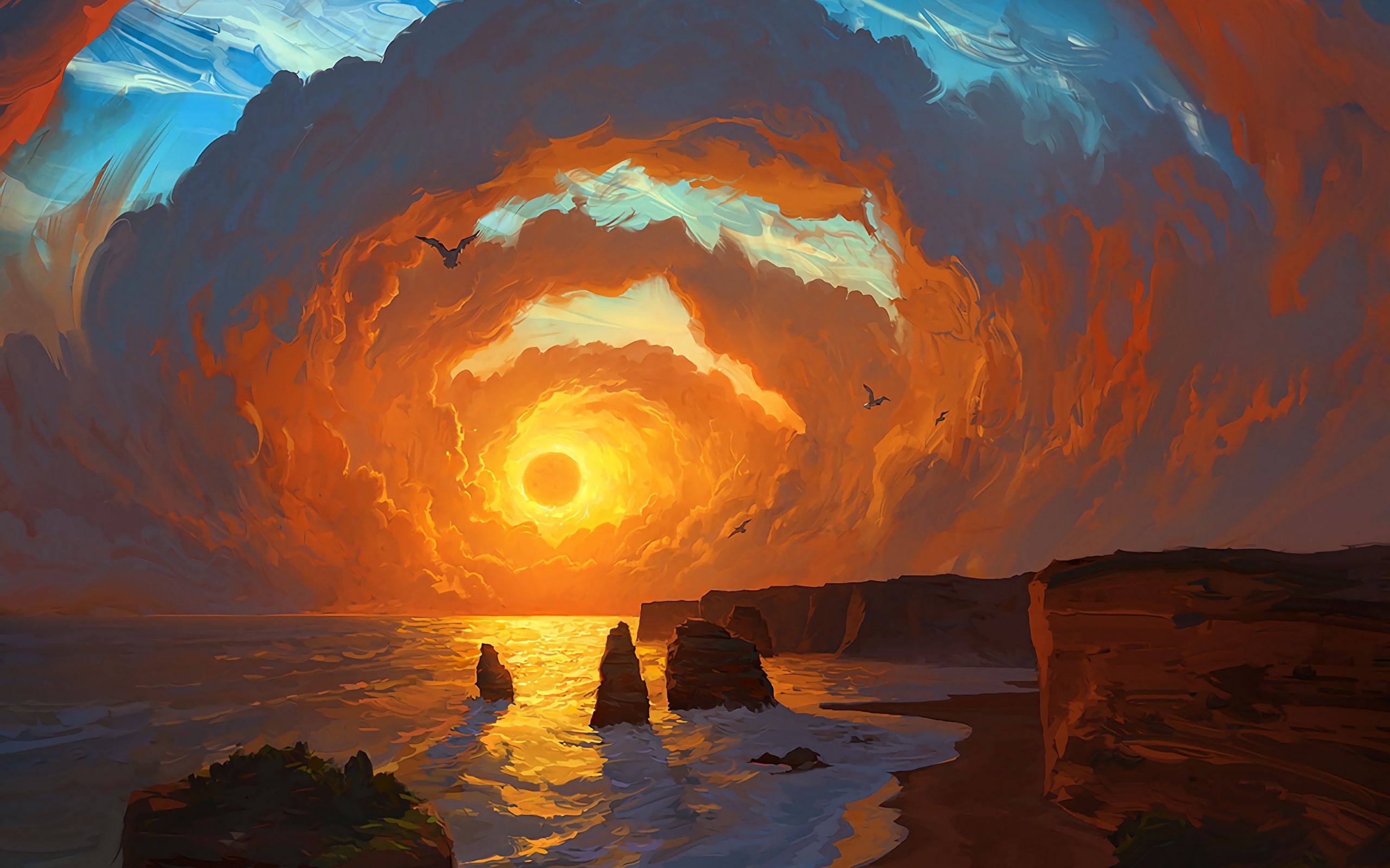2560x1600 Wallpaper sky, sea, landscape, coast, sunset, art, clouds, birds for mobile and desktop, section арт, resolution 2560x1600