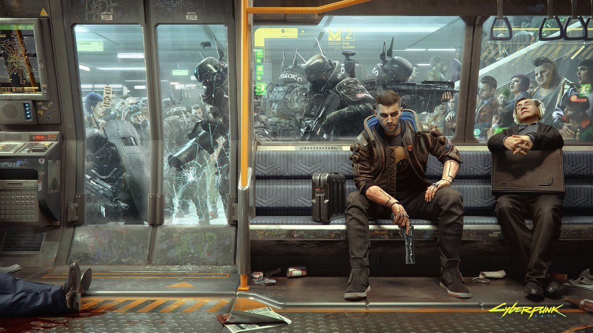 1200x675 Cyberpunk 2077. Wallpaper shows Arasaka soldiers hunting V in a metro