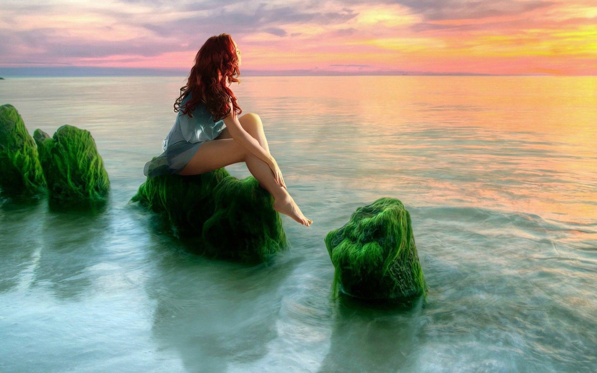 1920x1200 Beauty Girl Sea, Sunset Relax Desktop Hình nền HD