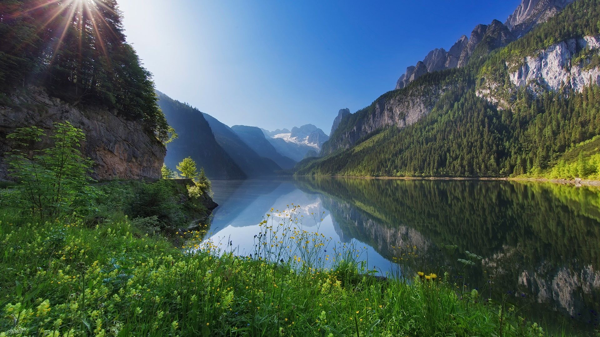 1920x1080 Lake Gosausee with Glacier Dachstein in back, nature reserve in Austria. Windows Spotlight Image