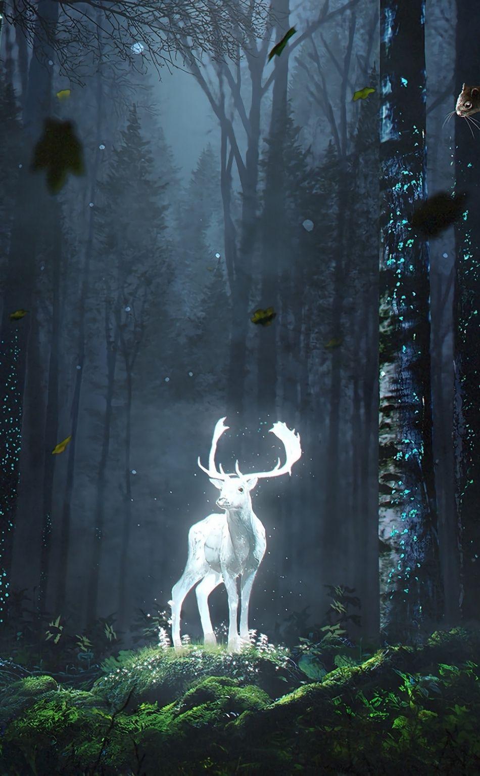 950x1534 Forest, wild deer, glow, fantasy, art, 950x1534 wallpaper. Deer wallpaper, Skull painting, Art
