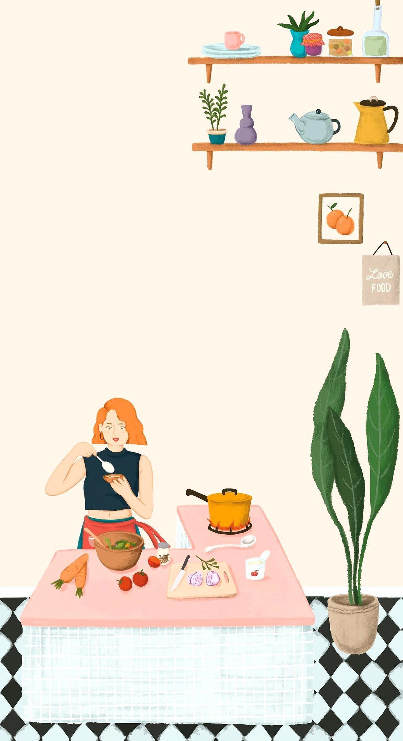 1302x2391 Girl cooking in a kitchen sketch style mobile phone wallpaper vector premium image by rawpixel Noon. Girl cooking, Phone wallpaper, Love food