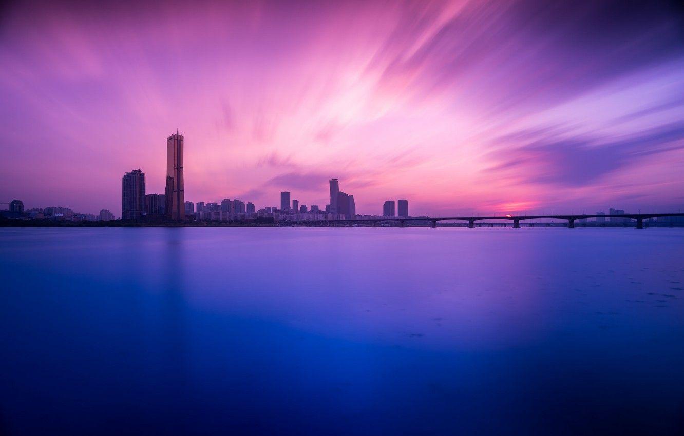 1332x850 Wallpaper sunset, bridge, river, building, South Korea, Seoul, Seoul, South Korea, the Han river, Han River image for desktop, section город