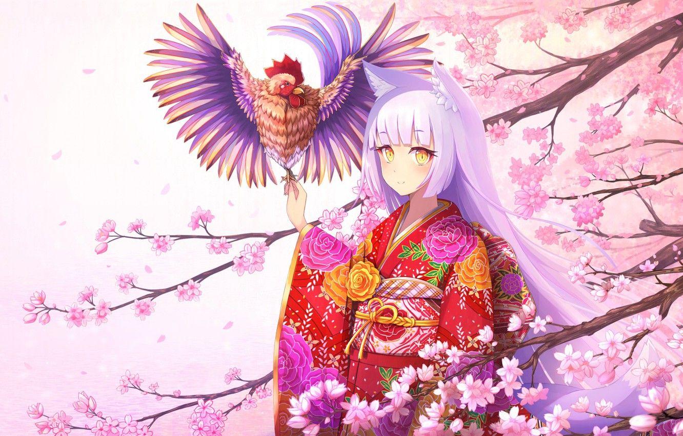 1332x850 Wallpaper water, girl, flowers, smile, tree, branch, anime, petals, Sakura, art, kimono, ears, cock, rizihike image for desktop, section прочее