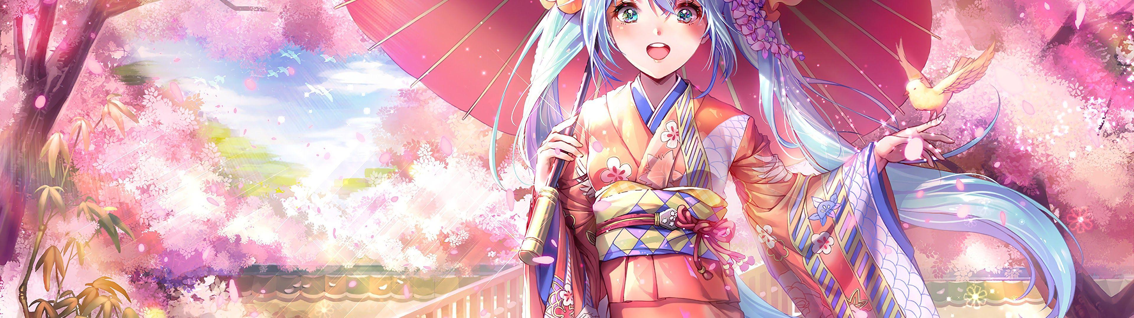 3840x1080 Anime Girl Kimono Cherry Blossom 4K Wallpaper