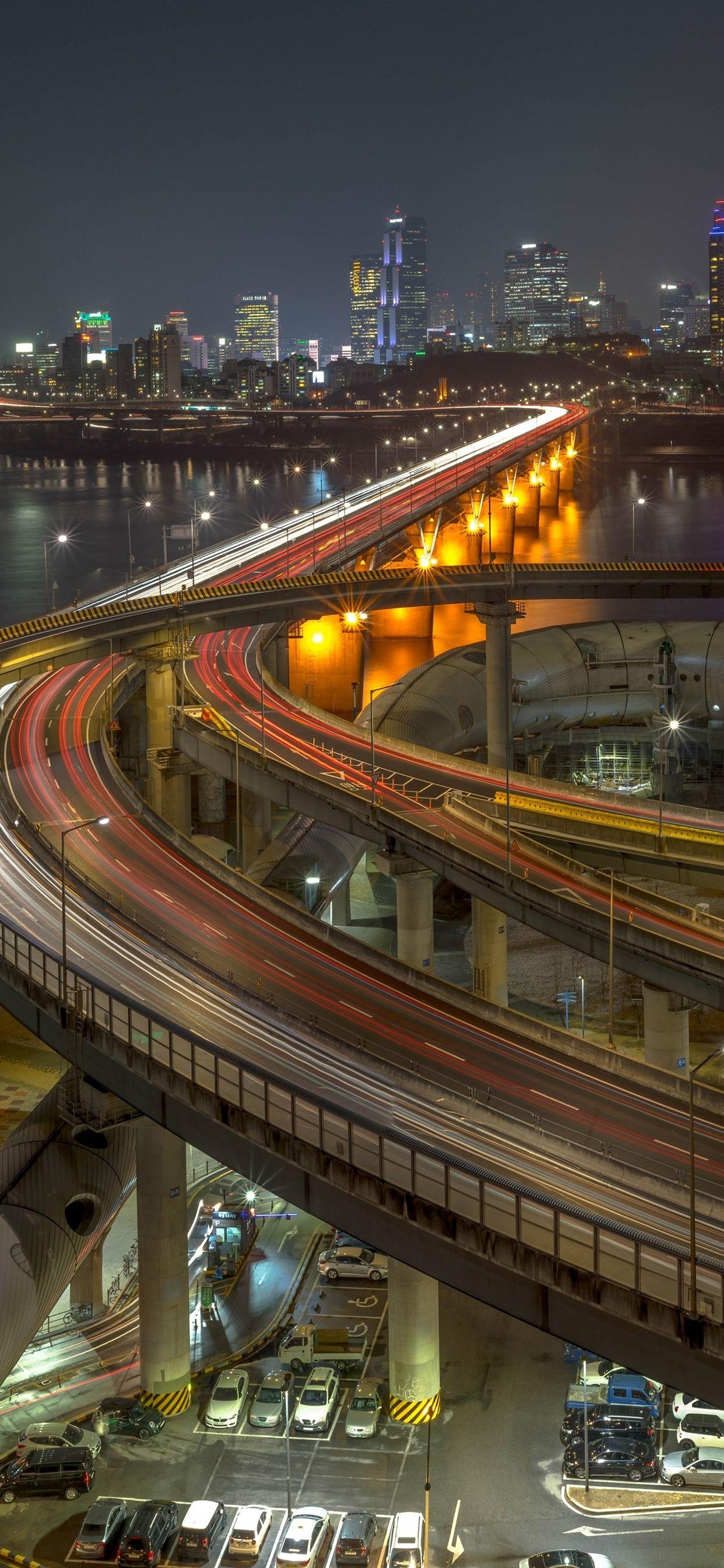 1242x2688 Wallpaper South Korea, Seoul, city, night, highway, roads, bridge, river, lights 5120x2880 UHD 5K Picture, Image