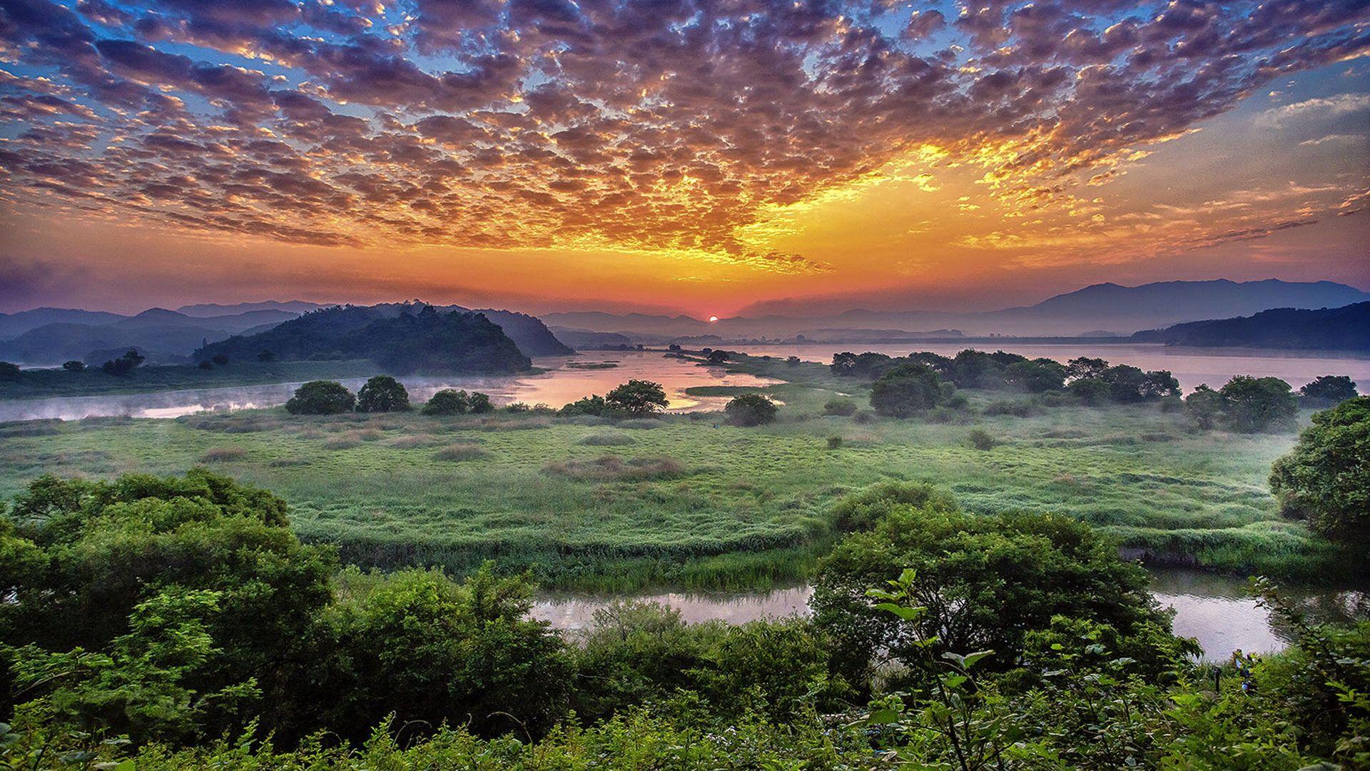 1920x1080 Changyeong South Korea Sunrise Orange Sky Clouds Evaporation Mist River Lake Meadow Green Vegetation Ultra HD Wallpaper For Deskx1200 :