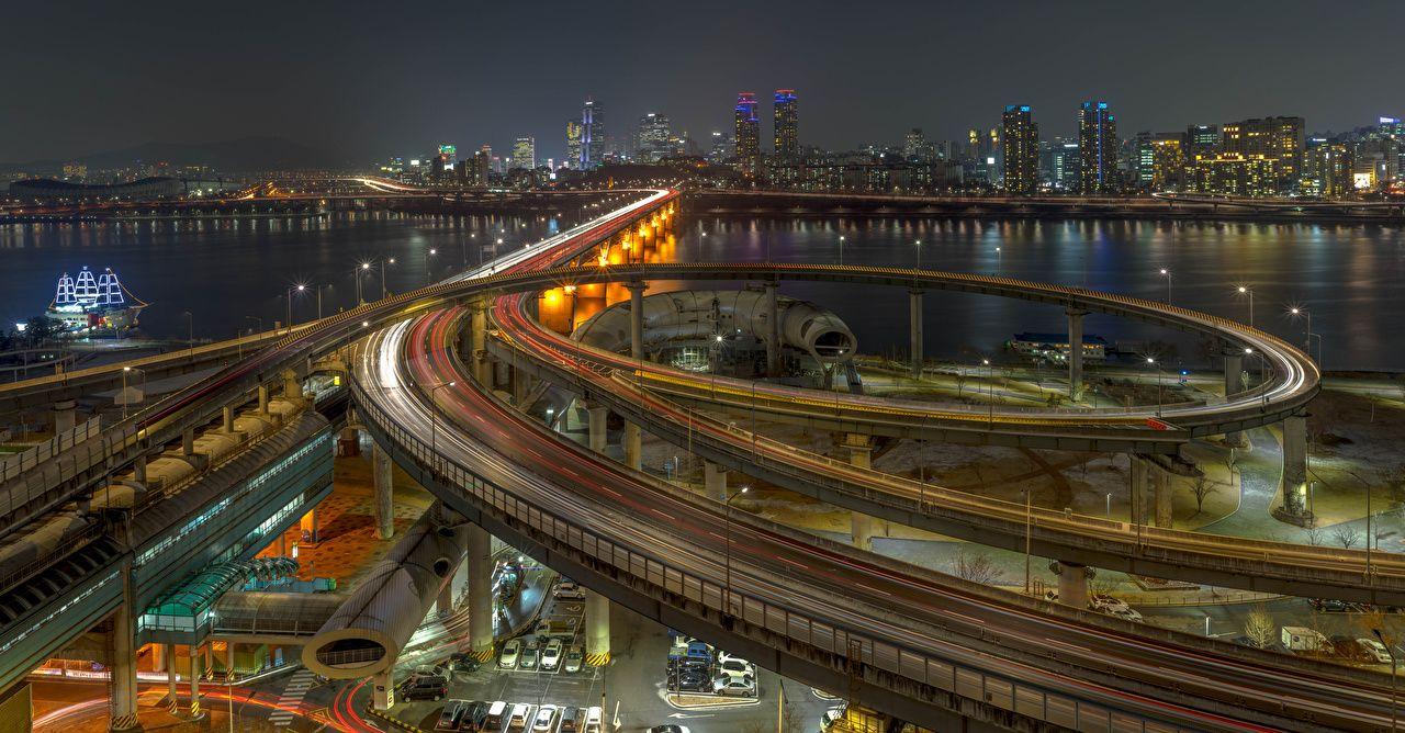 1280x668 Wallpaper Cities South Korea bridge Roads Seoul river Houses night
