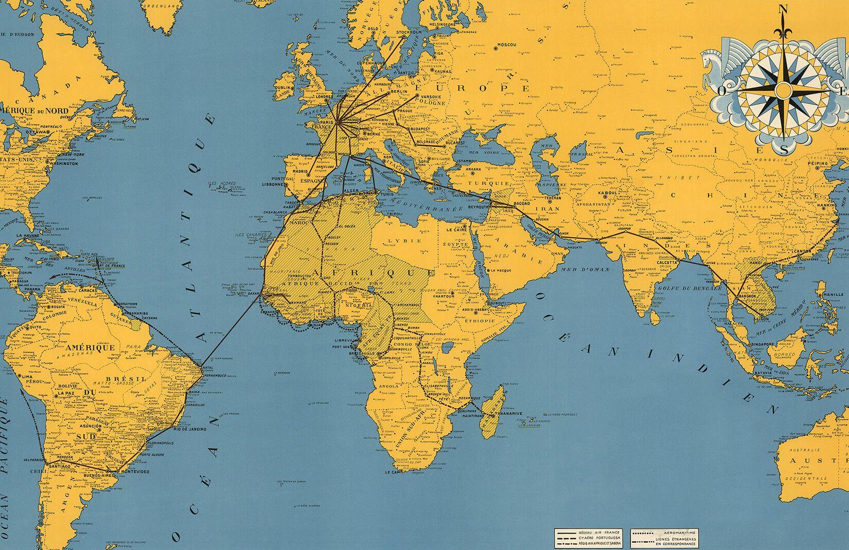 1650x1070 Air Routes Vintage Map Wallpaper Mural
