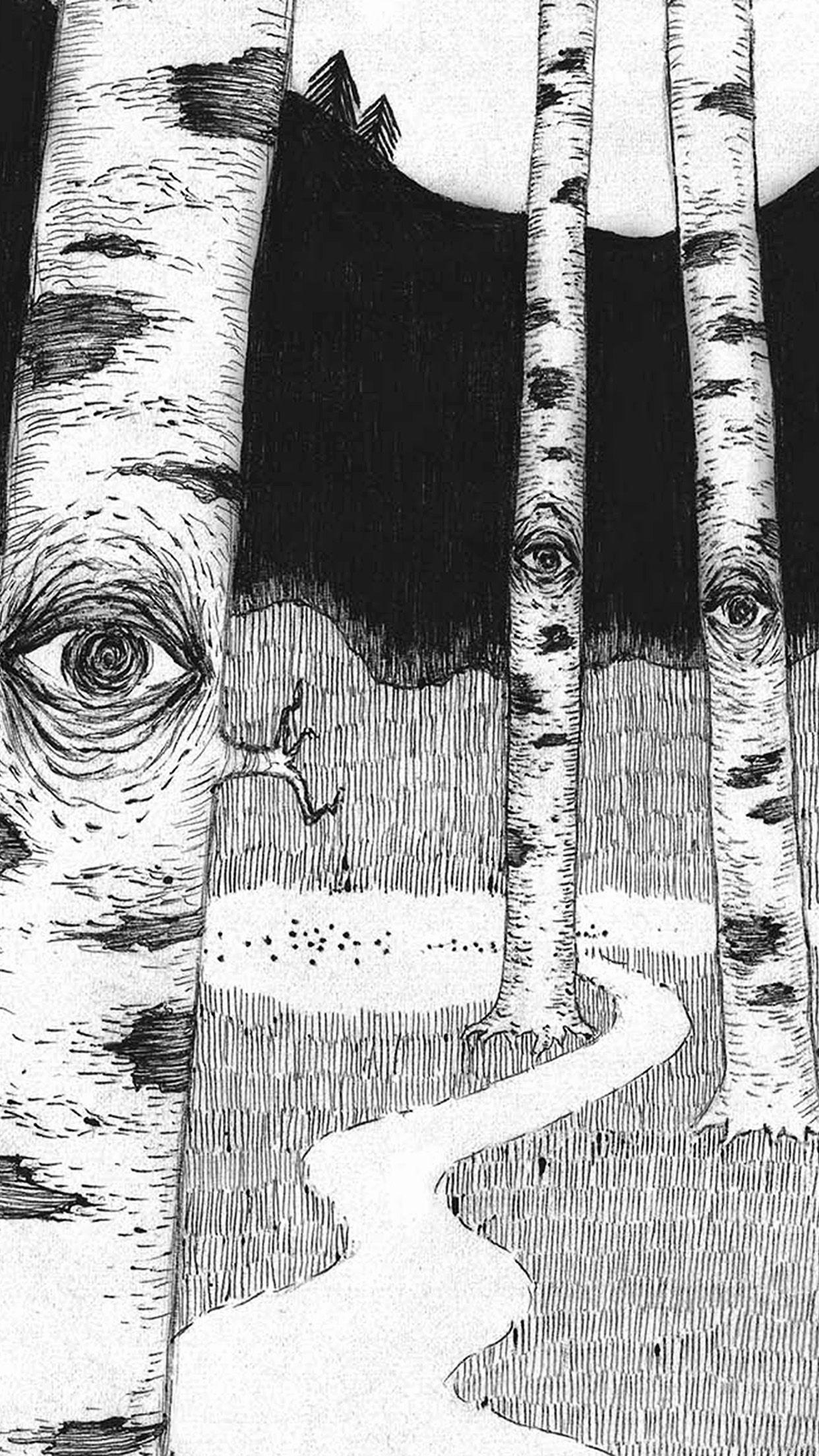 1242x2208 Eye In Woods Pencil Drawing Art Illust
