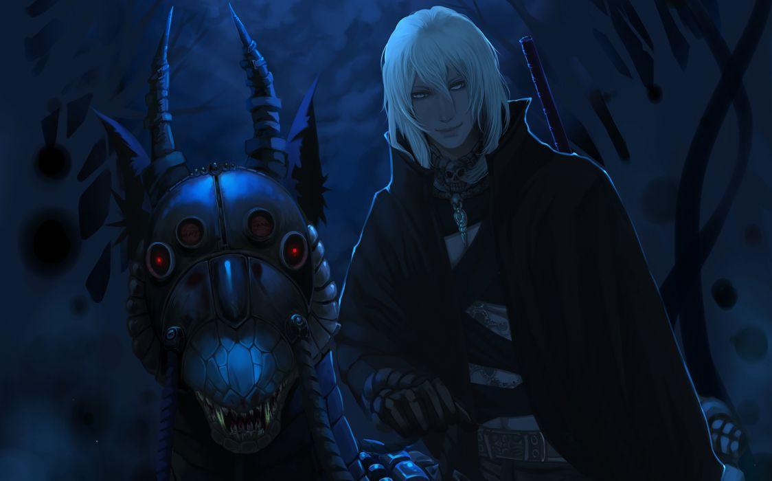 1124x700 Man monster night red eyes moonlight horns smile grin teeth skull fantasy art dark demon horror gothic wallpaperx1200