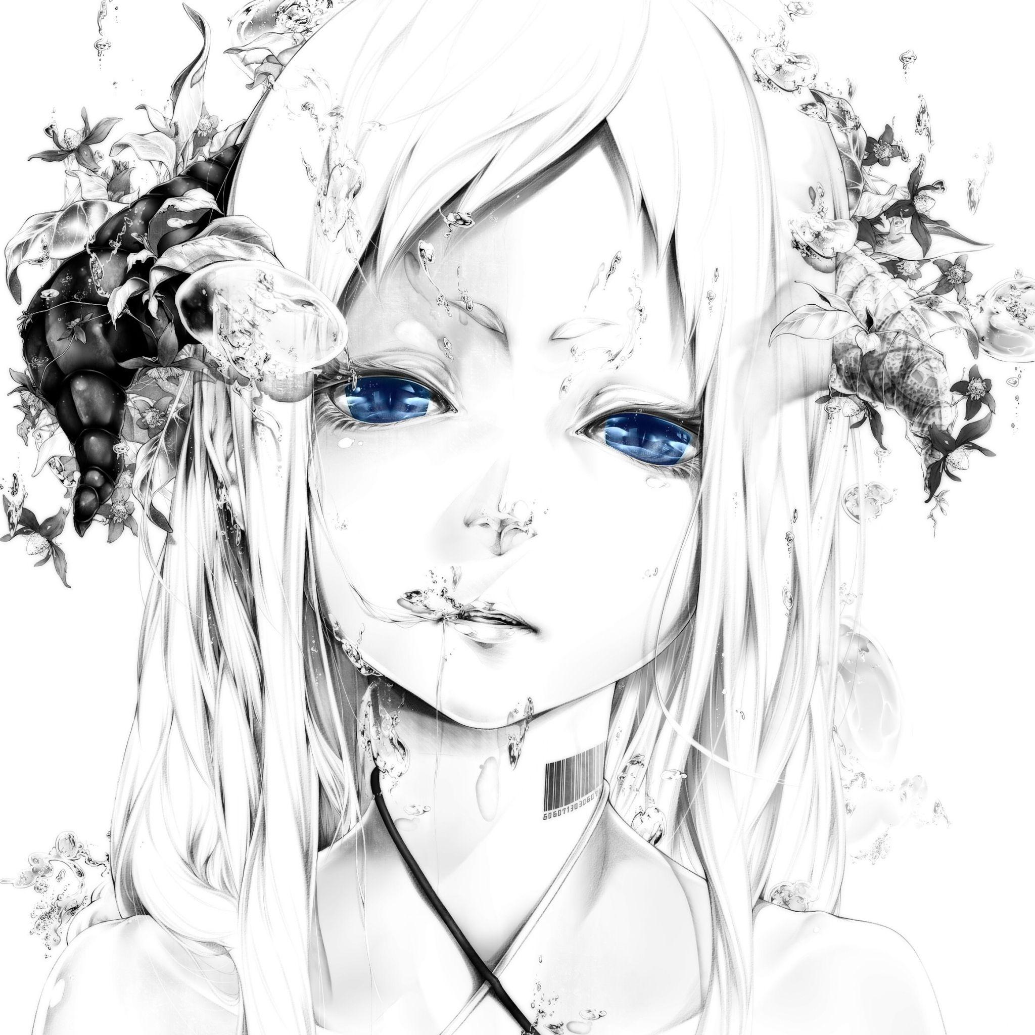 2048x2048 Art Bouno Satoshi Girl Face White Background Graphic Monochrome Blue Eyes Water Bubbles iPad Air Wallpaper Free Download