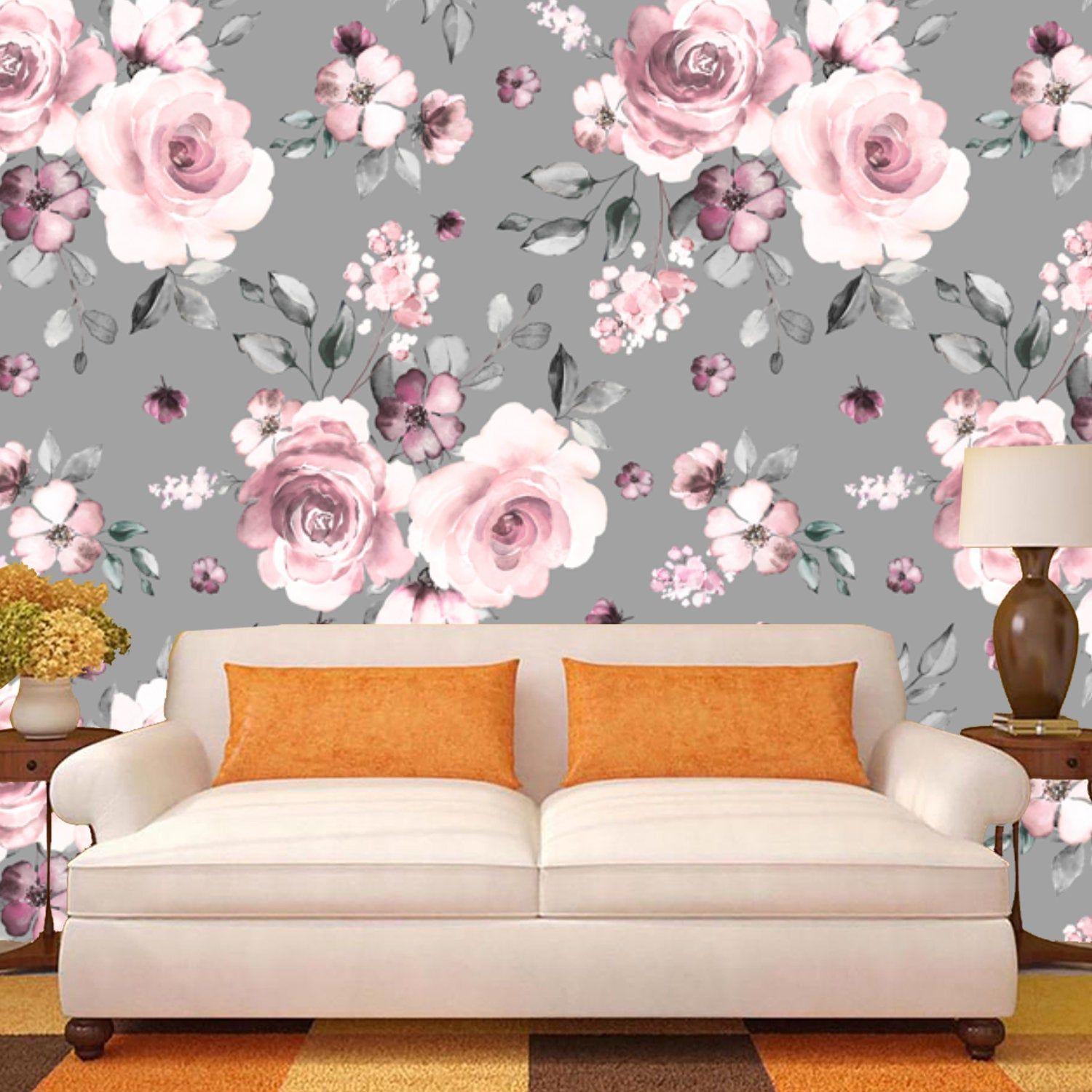 1500x1500 Large floral wallpaper with watercolor pink flowers on gray