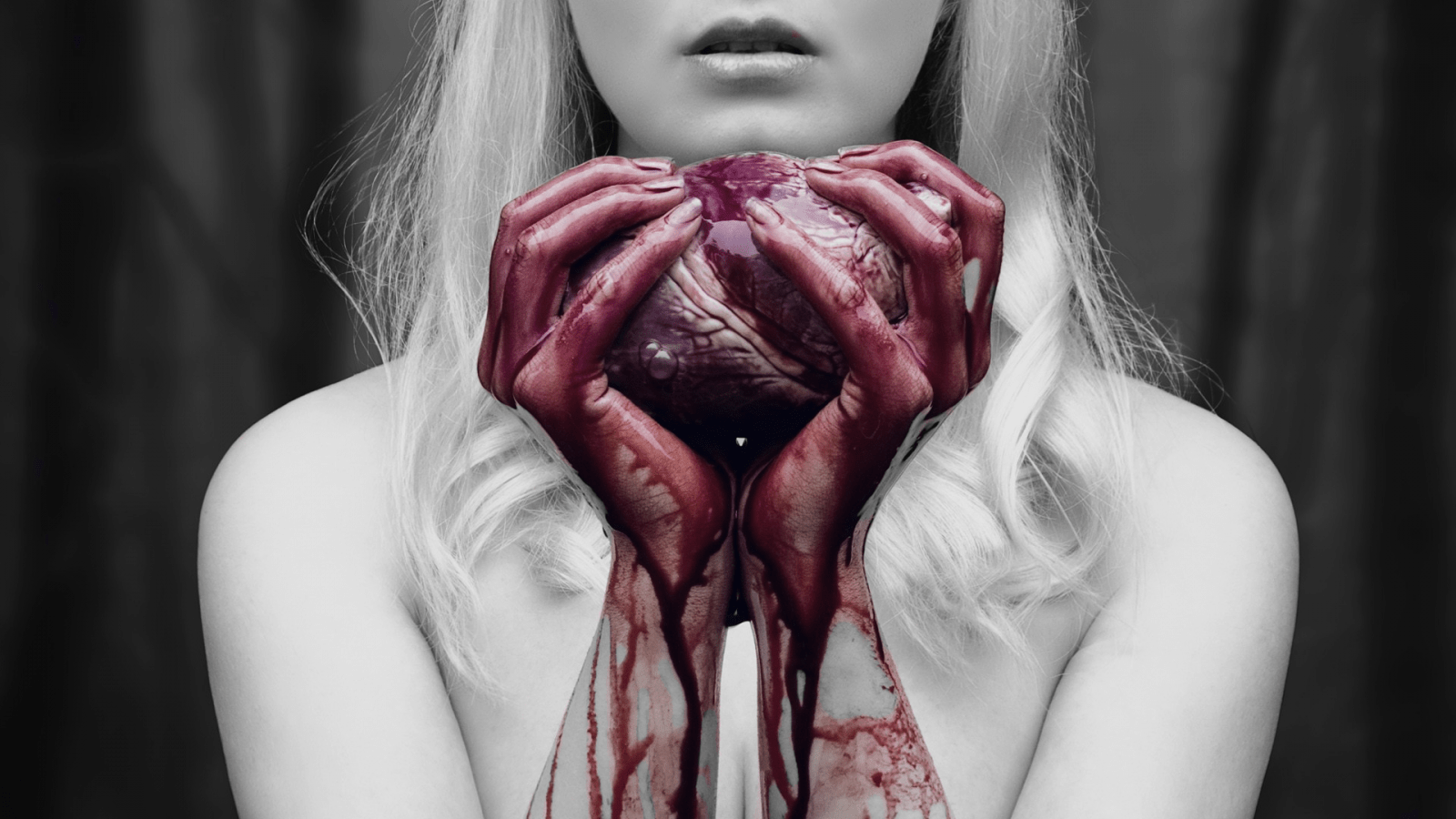 1600x900 Download 1600x900 bloody heart in hand, selective coloring, heart, blood, women Wallpaper