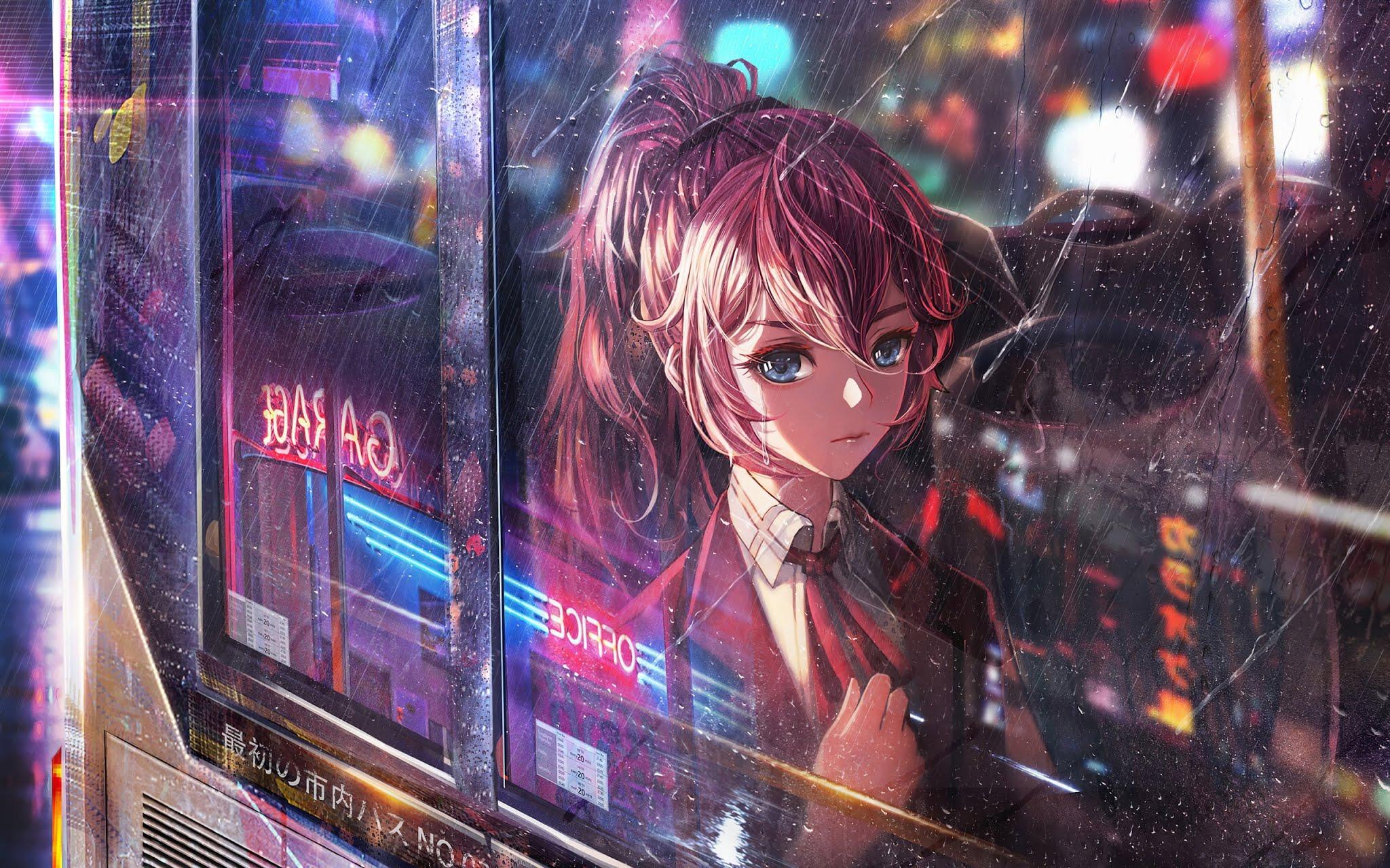 2048x1280 Anime Girl Bus Window Wallpaper