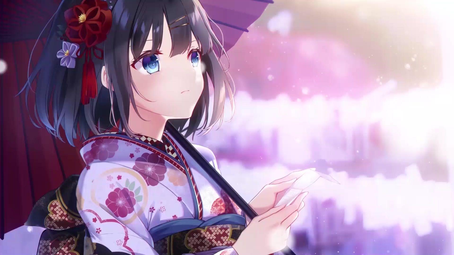 1920x1080 Anime Girl Snow Umbrella Live Wallpaper