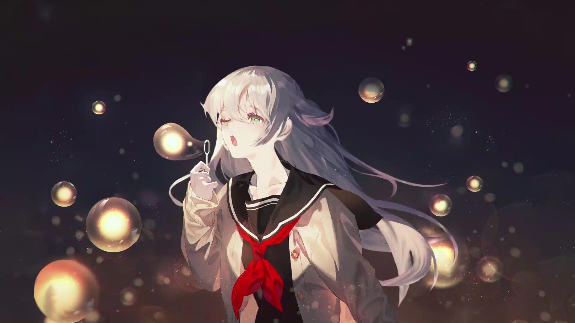 1920x1080 Anime Girl Blowing Bubbles At Night Live Wallpaper