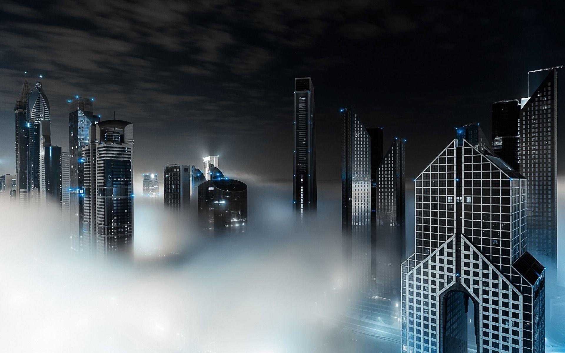 1920x1200 Download wallpaper UAE, Dubai, skyscrapers, fog, nightscapes, modern buildings, United Arab Emirates for desktop with resolution 1920x1200. High Quality HD picture wallpaper