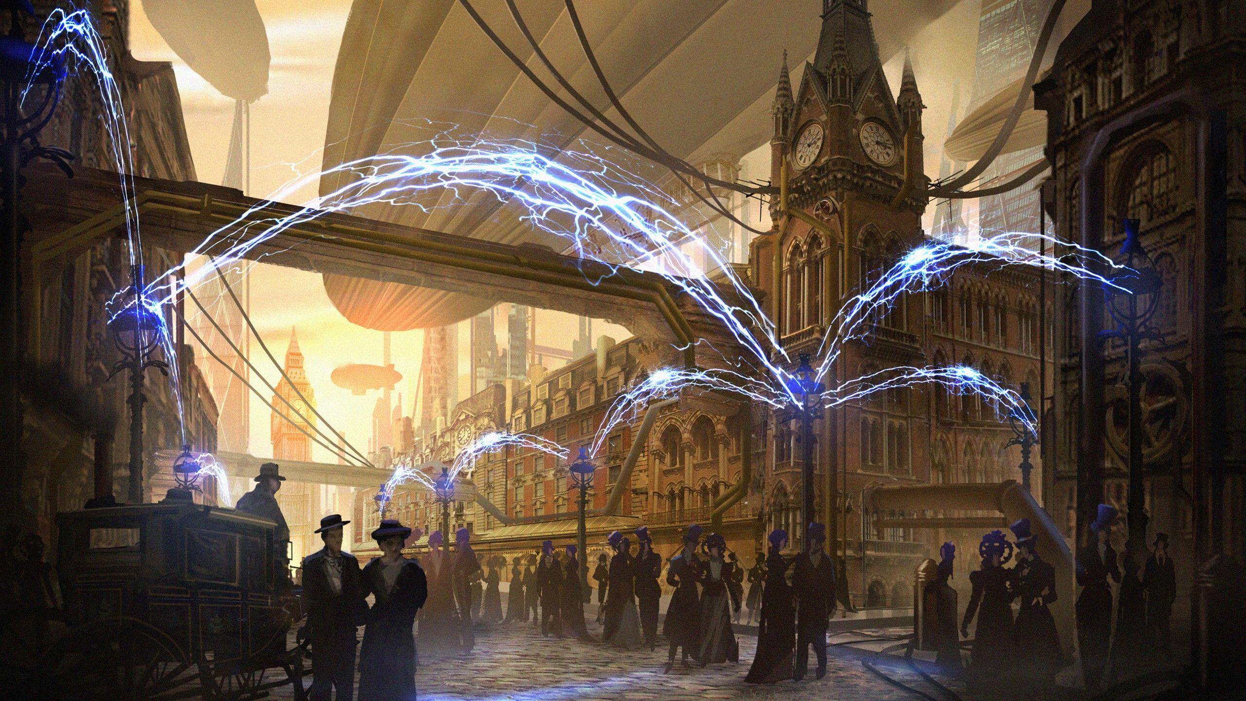 2560x1440 artwork, City, Steampunk, London, Airships, Street Wallpaper HD / Desktop and Mobile Background
