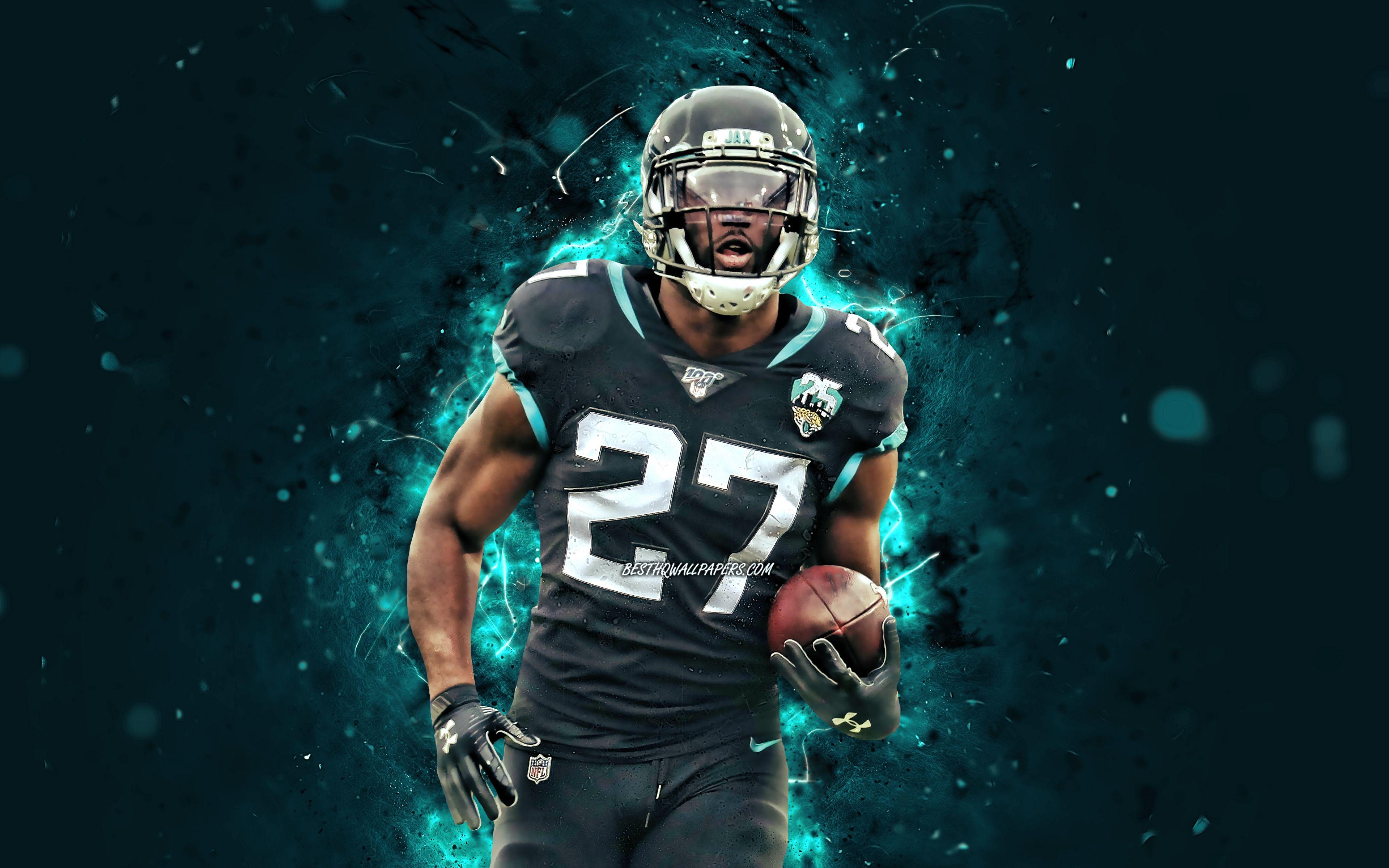 3840x2400 Download wallpaper Leonard Fournette, 4k, running back, Jacksonville Jaguars, american football, NFL, Leonard Joseph Fournette III, National Football League, neon lights, Leonard Fournette Jacksonville Jaguars, Leonard Fournette 4K for desktop